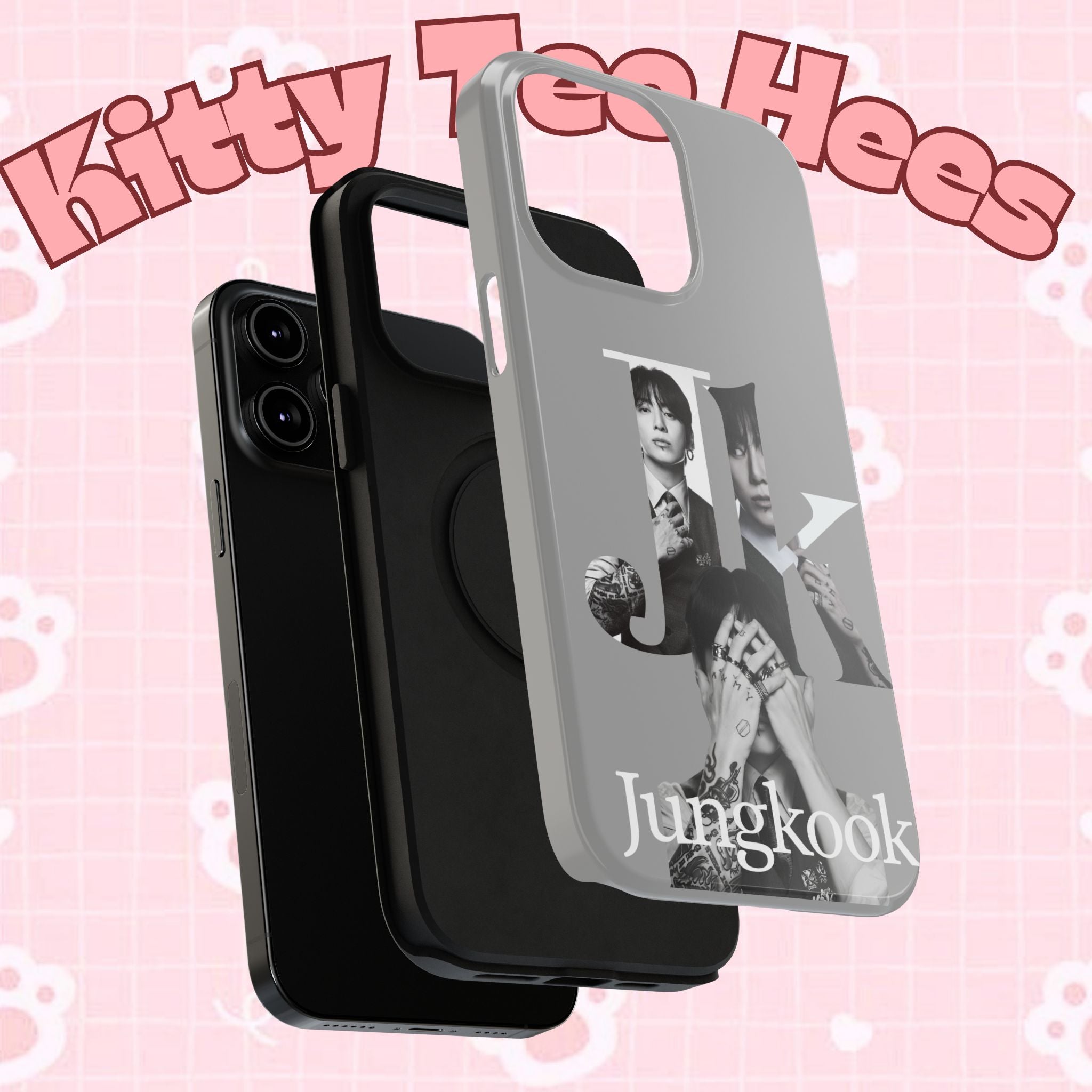 Printify monochrome BTS Jungkook phone case featuring bold letter design, impact-resistant protection for popular Bangtan Sonyeondan member.