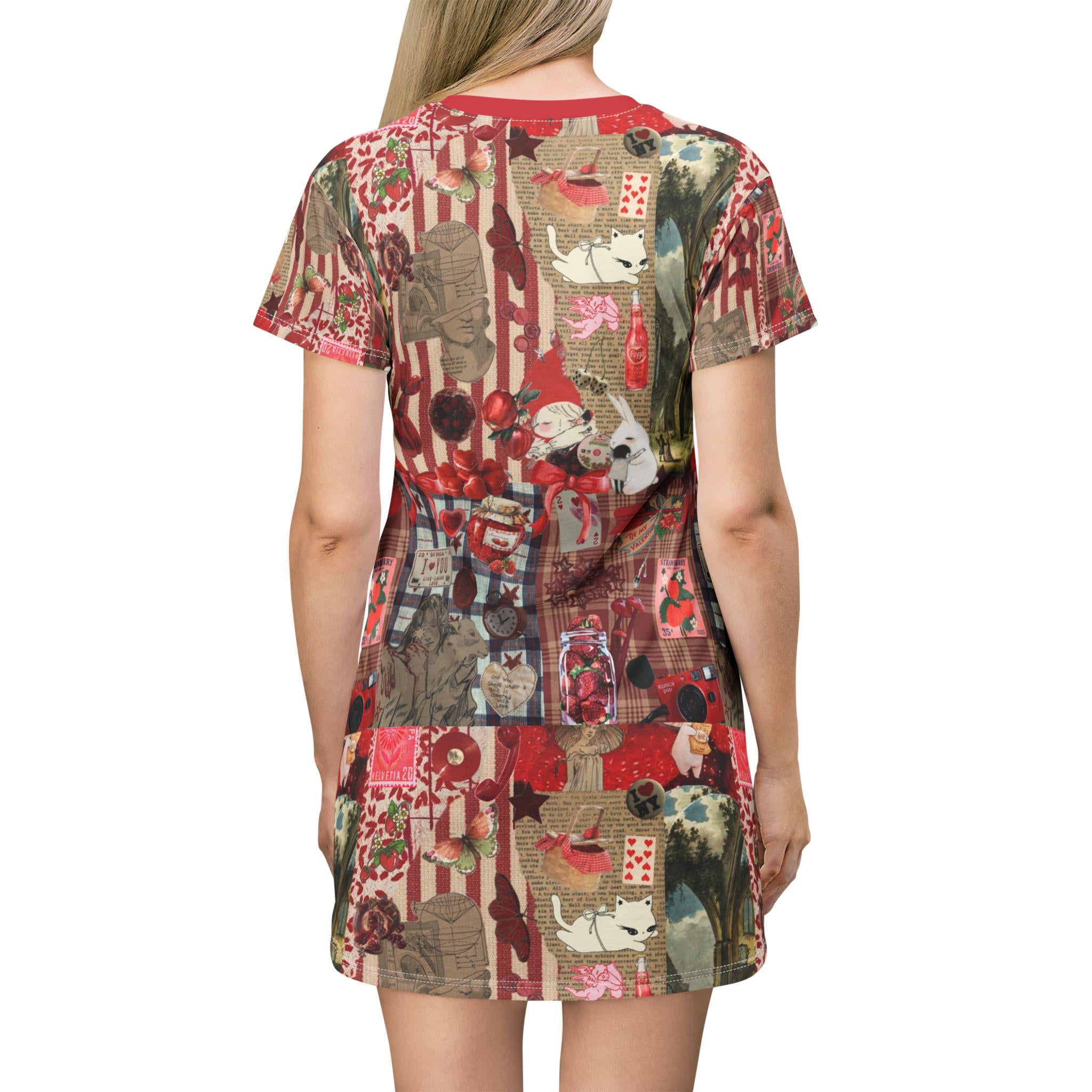 Newspaper Print T-Shirt Dress, Vintage Graphic Red Casual Dress - Kitty TeeHees