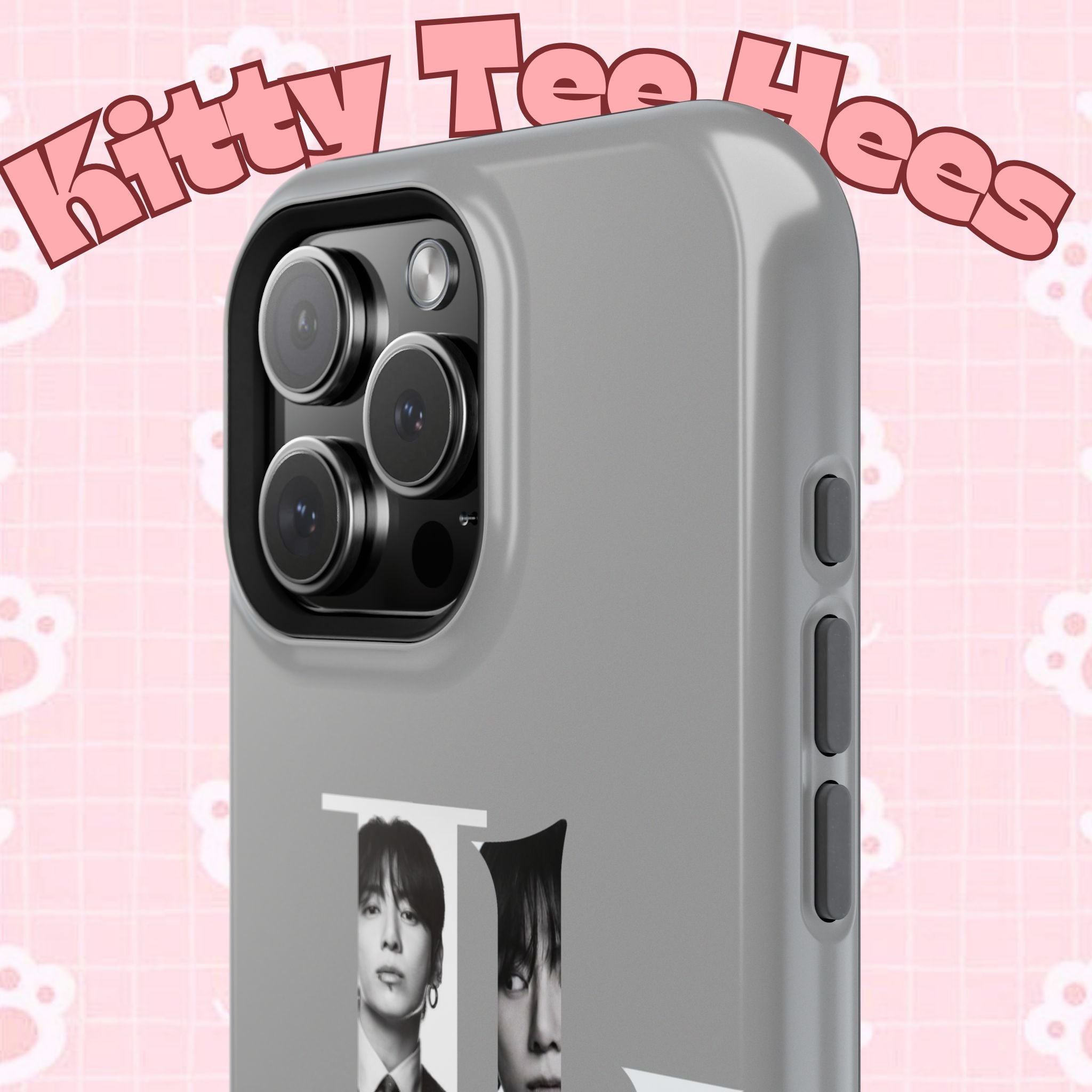 Monochrome BTS Jungkook phone case with letter design, impact-resistant Printify phone case featuring BTS member Jungkook.