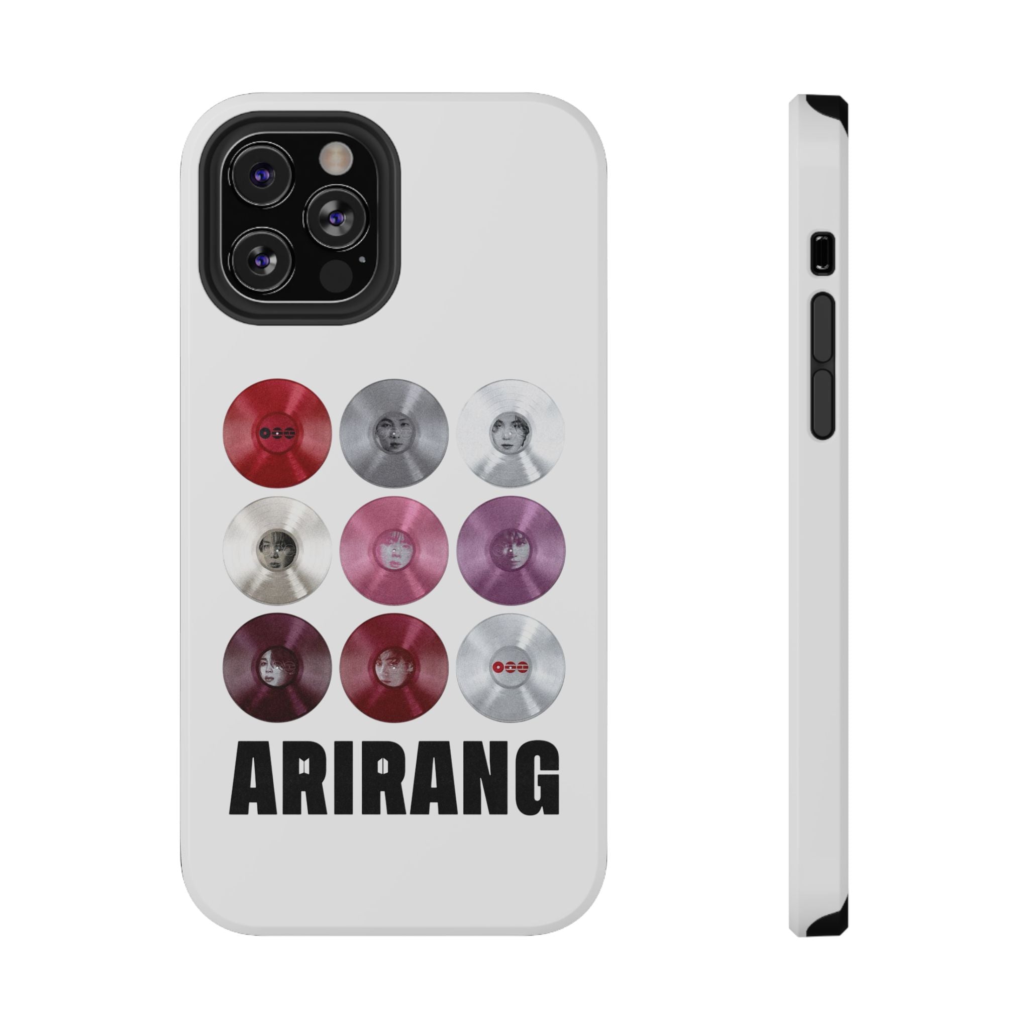 Printify BTS Arirang vinyl record grid phone case featuring BTS logo and colorful design, impact-resistant protective cover.