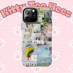 Printify BTS collage phone case for iPhone and Samsung featuring pastel hot air balloon and K-Pop photo collage design.