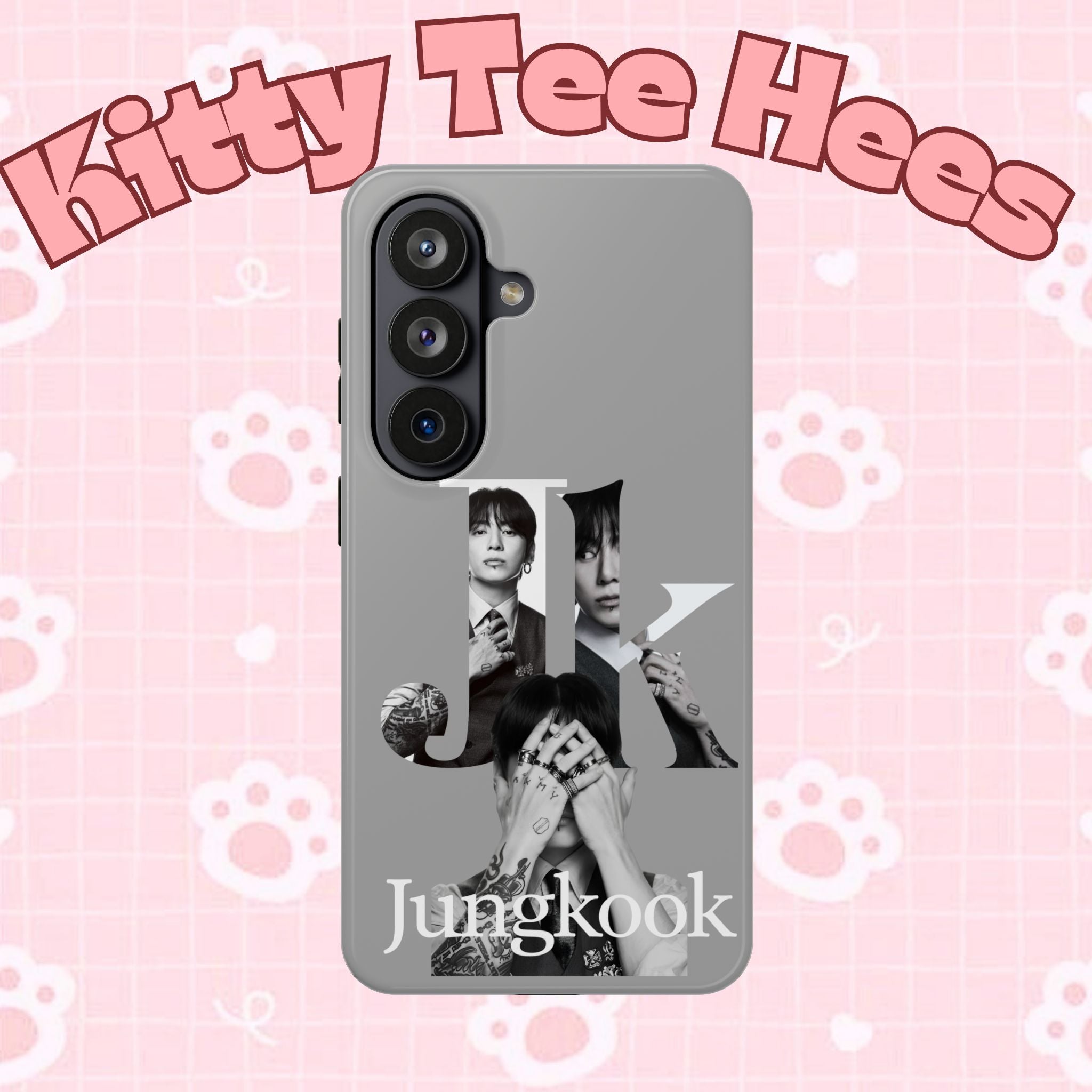 Monochrome Jungkook phone case by Printify featuring bold letter design and impact-resistant material for BTS fans.
