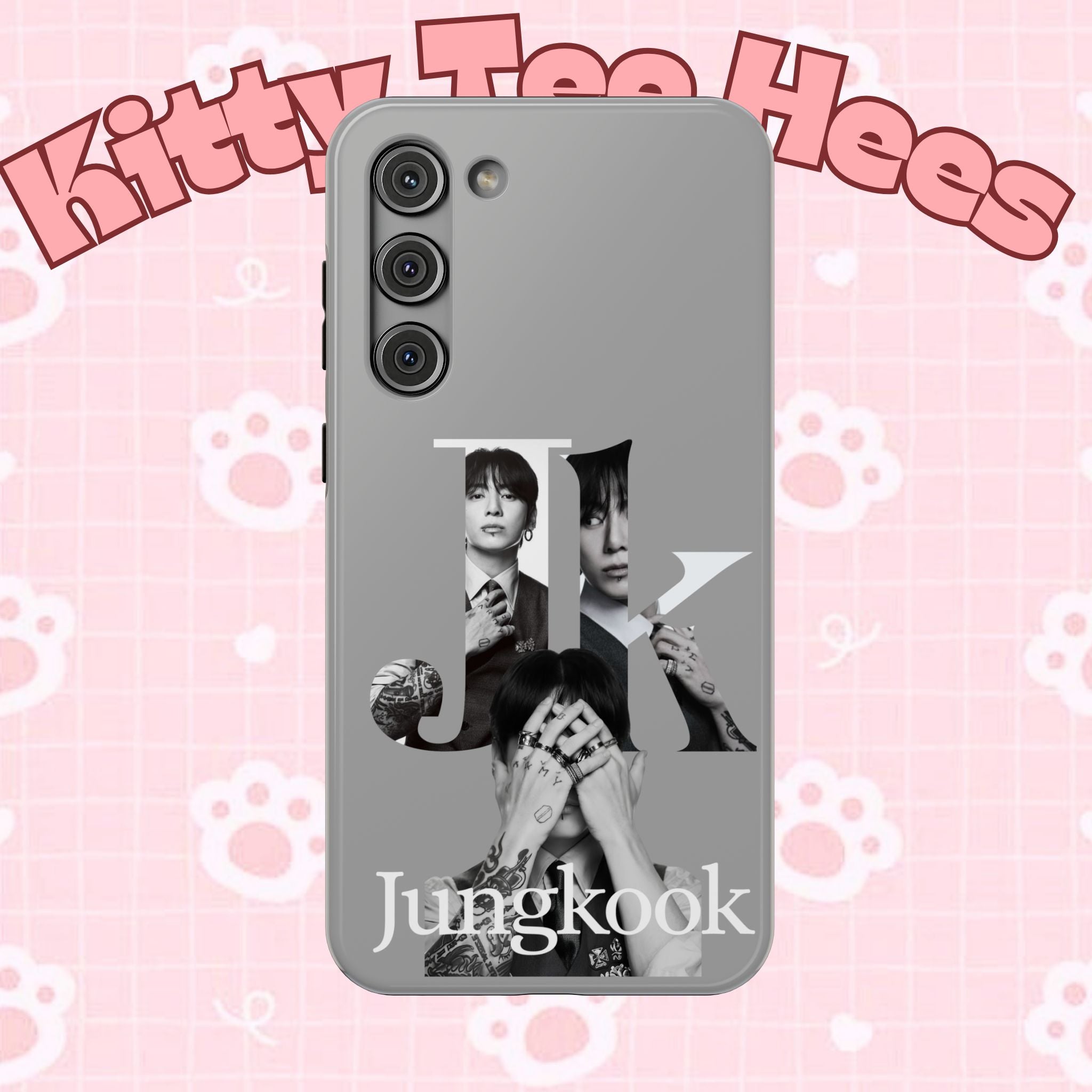Monochrome BTS Jungkook phone case with letter design, impact-resistant Printify case for Samsung or iPhone models.
