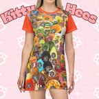 All-over print foodie T-shirt dress featuring a fun meme cat collage, casual wear for animal lovers by Printify.