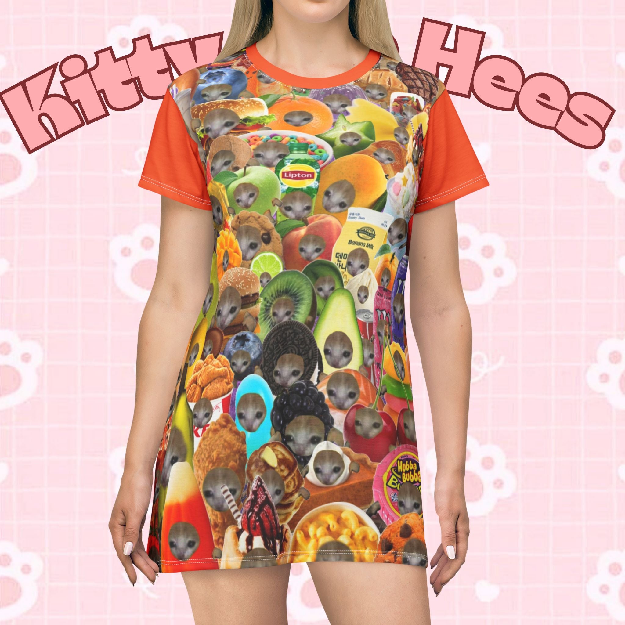 All-over print foodie T-shirt dress featuring a fun meme cat collage, casual wear for animal lovers by Printify.