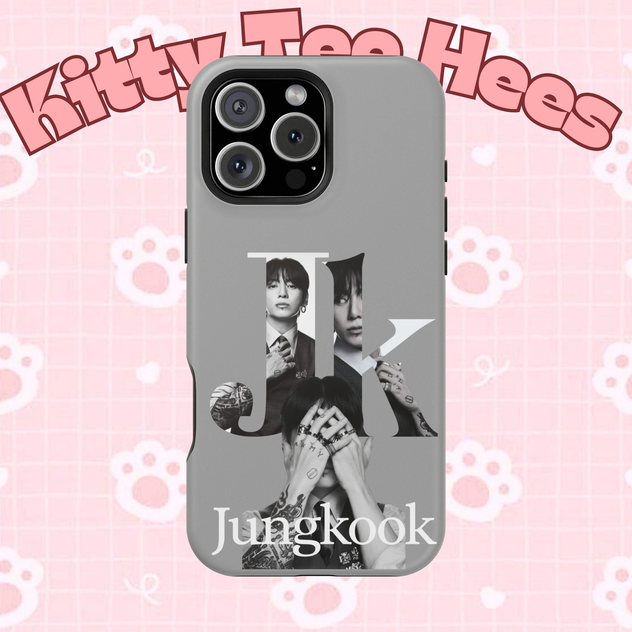 Printify monochrome BTS Jungkook phone case featuring bold letter design, impact-resistant protection for mobile devices.