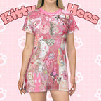 Pink cat dress T-shirt with a cute heart cat graphic, featuring all-over print design by Printify, perfect for a playful look.
