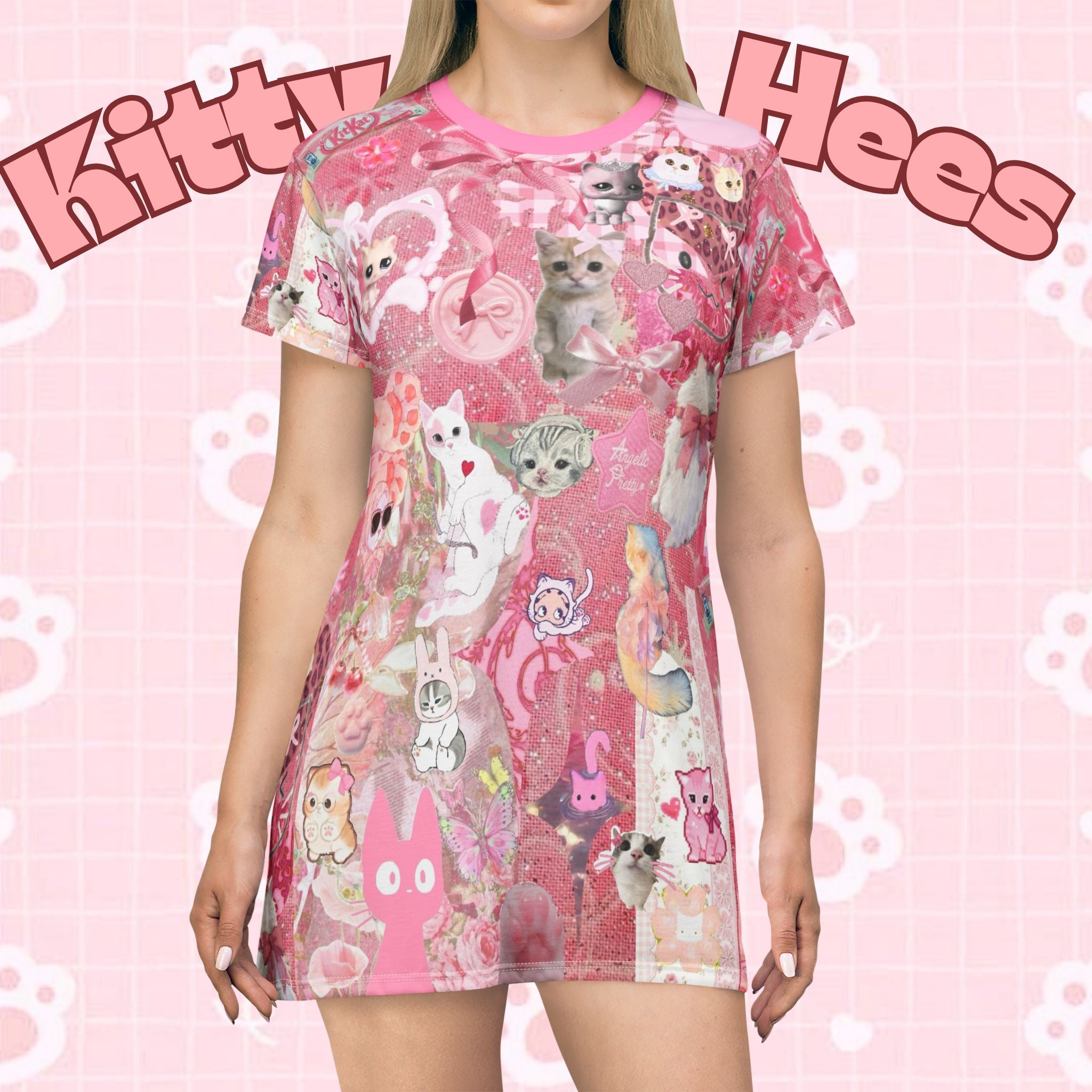 Pink cat dress T-shirt with a cute heart cat graphic, featuring all-over print design by Printify, perfect for a playful look.