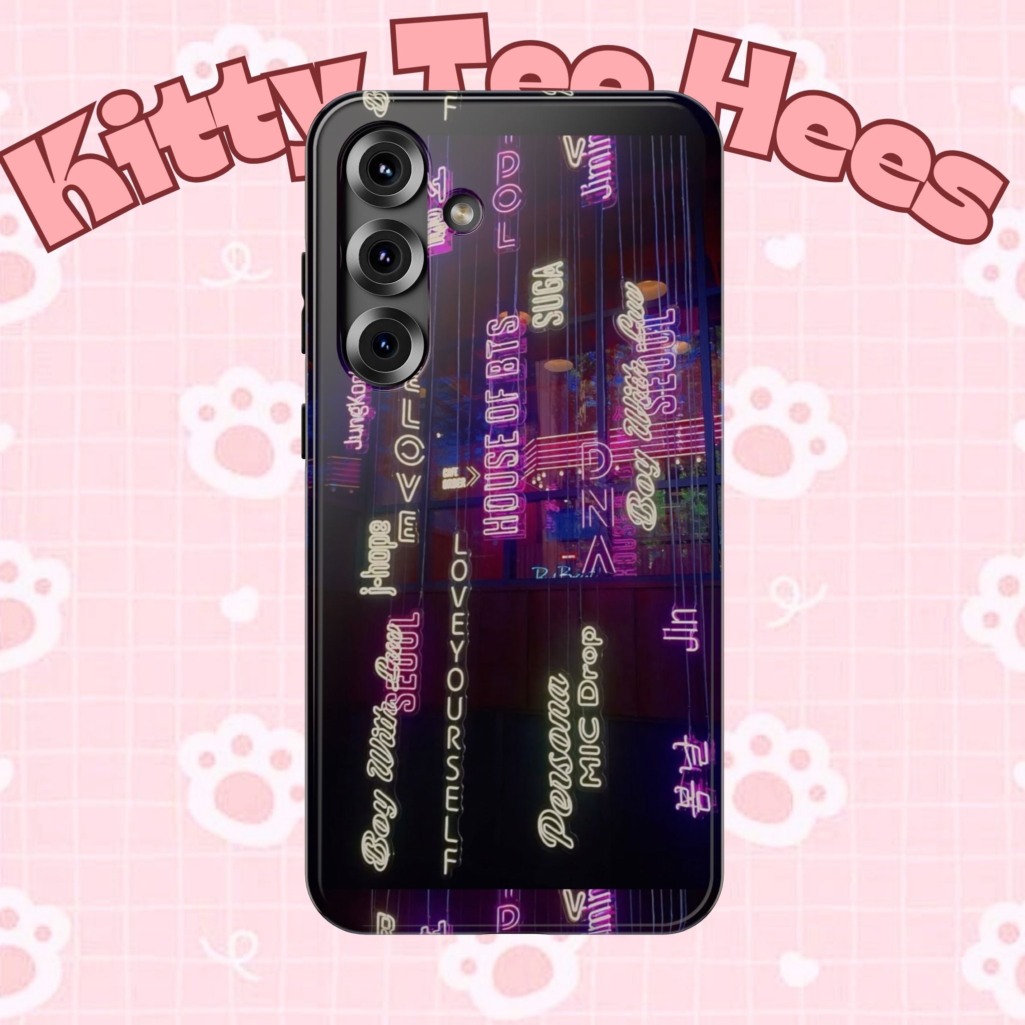 Neon Korean script BTS phone case for iPhone and Samsung, impact-resistant Printify case with vibrant design featuring Bangtan Sonyeondan.
