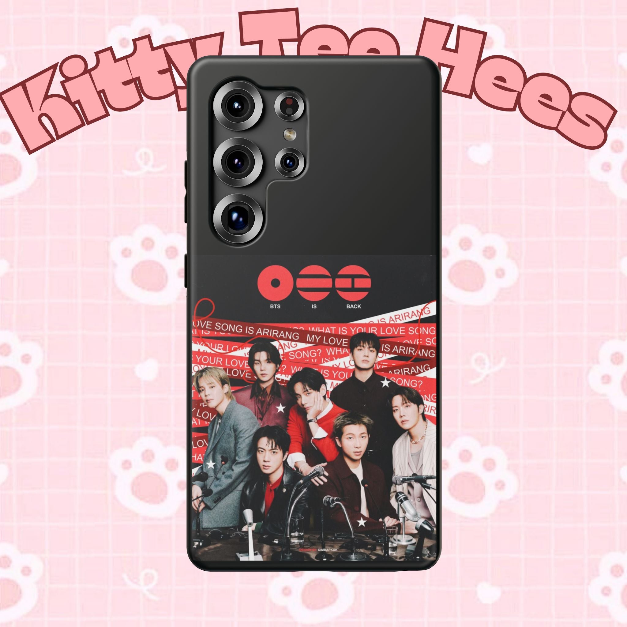 BTS Arirang phone case with Bangtan concert design, impact-resistant K-Pop band photo phone case by Printify.