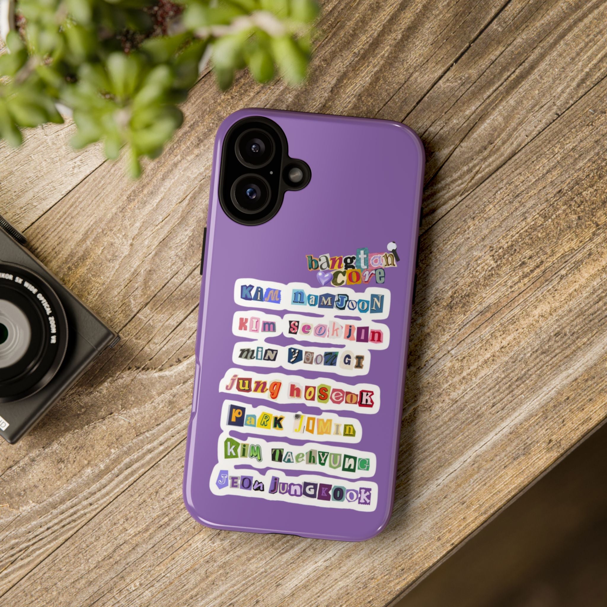 BTS member names phone case for iPhone 17 featuring Jungkook, Jimin, and RM, with a tough protective design by Printify.
