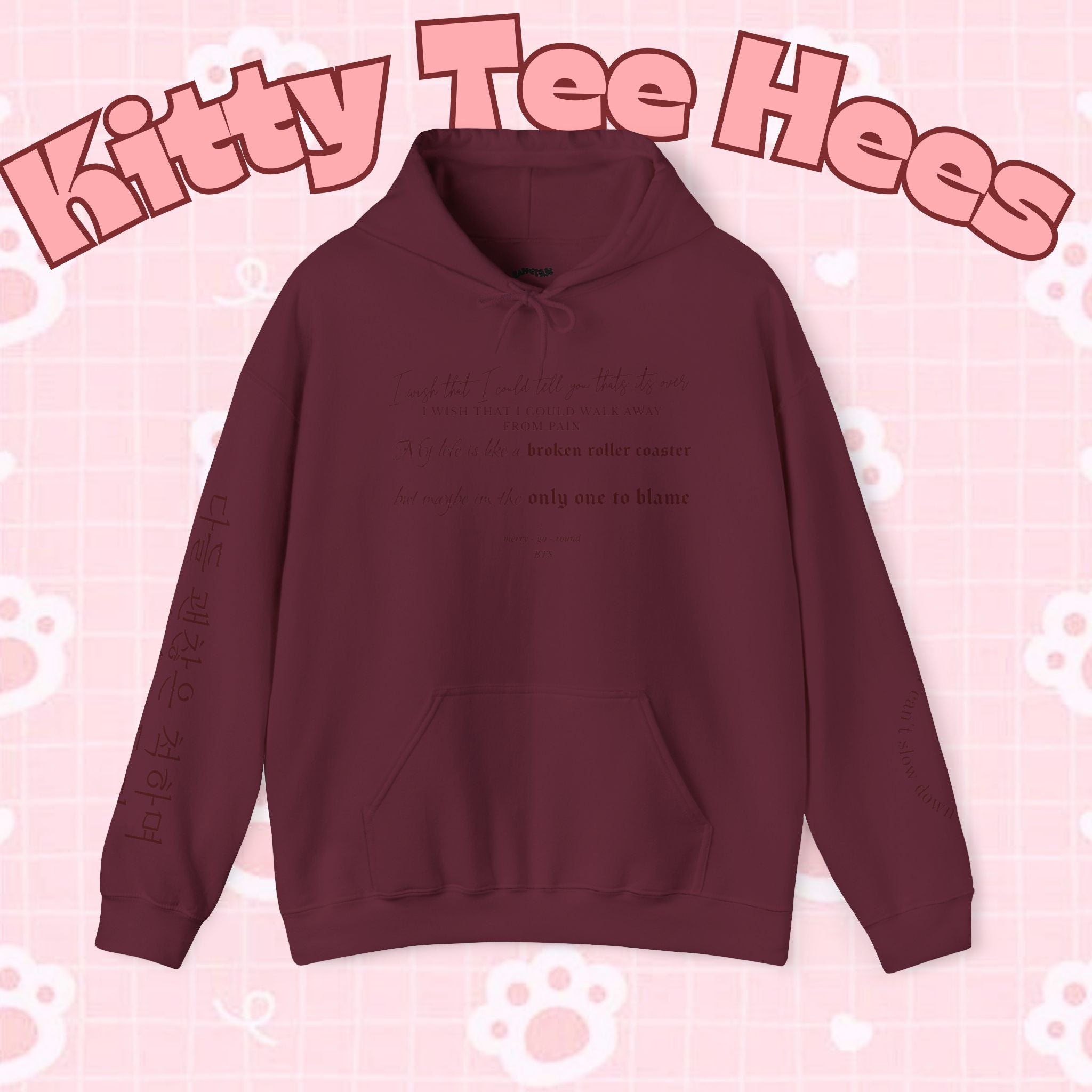 BTS Merry-go-round Arirang 2026 hoodie with carousel illustration, Korean script sleeves, and BTS lyric design by Printify.