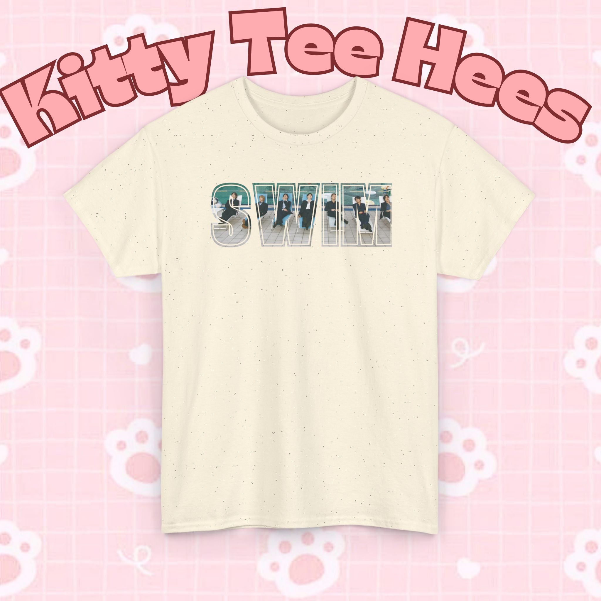 Printify BTS swim graphic T-shirt featuring a pool design and "I could spend a lifetime watching you swim" text, casual concert tee.