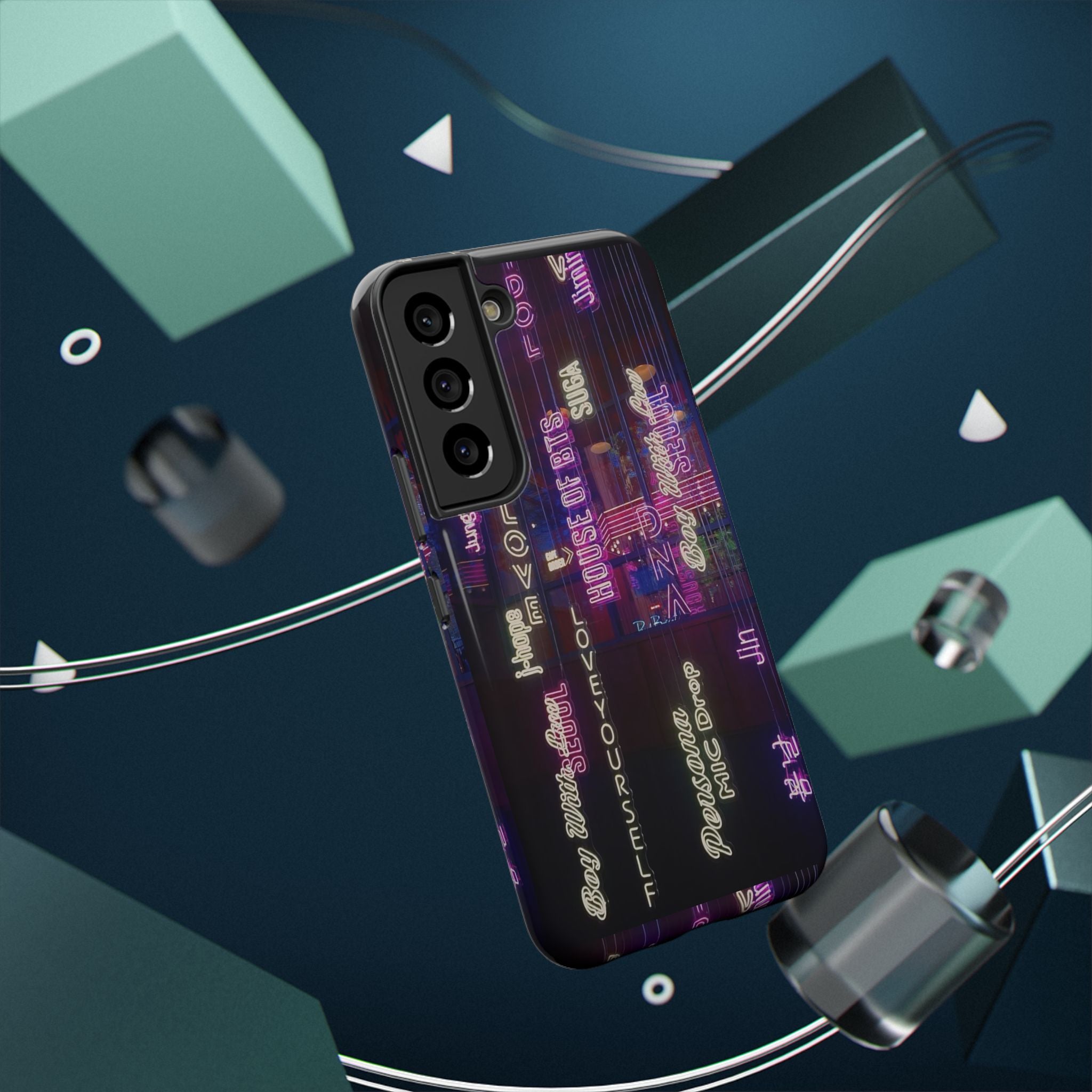 Neon Korean script BTS phone case for iPhone and Samsung, impact-resistant design featuring Bangtan Sonyeondan branding.
