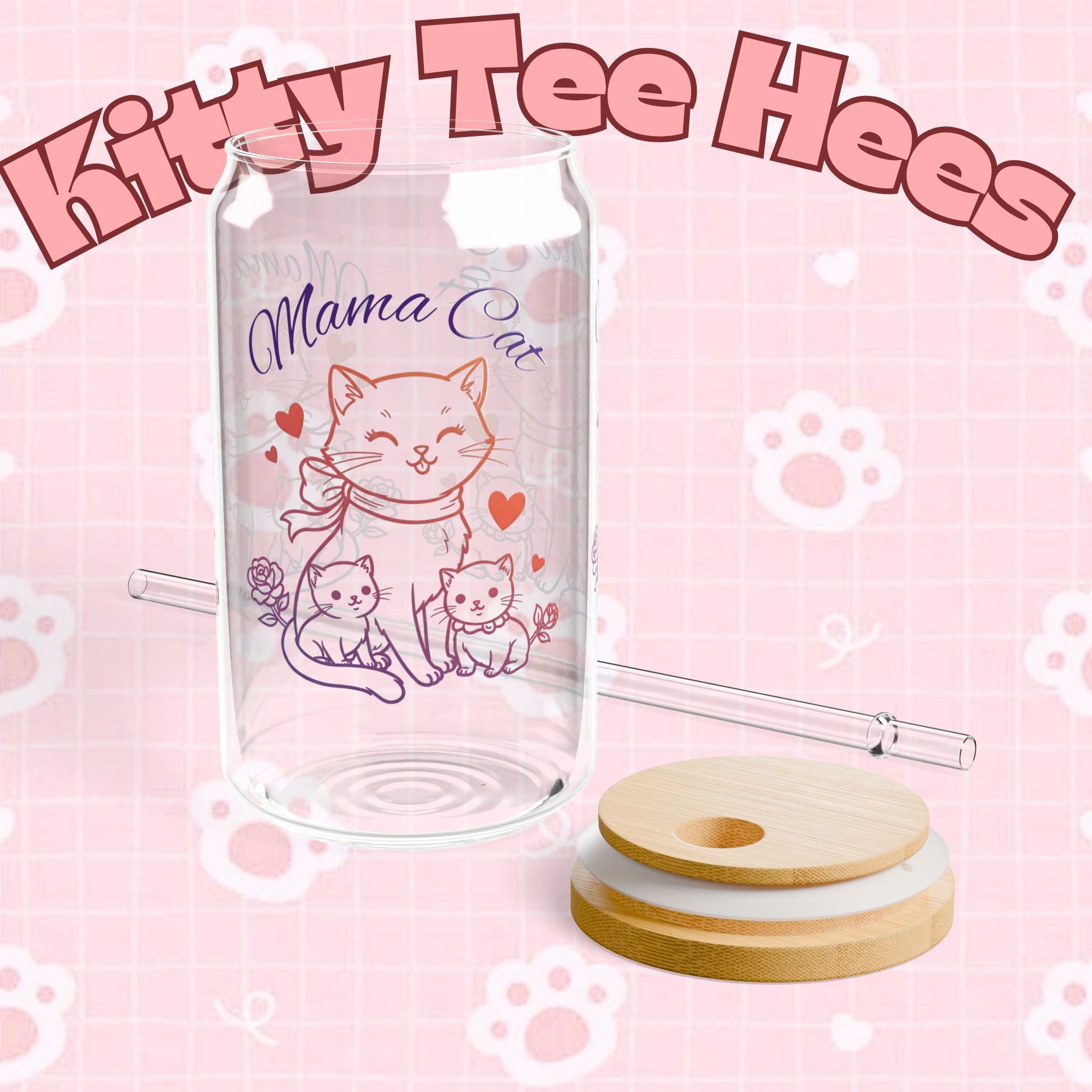 Mama Cat glass water bottle featuring a cute cat design, 16oz cat drinkware for cat lovers and cat mom gift.