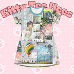 BTS-inspired K-Pop collage T-shirt dress with vibrant allover print featuring various K-Pop images and artwork on lightweight fabric.