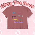 Colorful BTS kidcore crop top T-shirt featuring Bangtan Boys K-Pop group photo, women's festival style, by Printify.