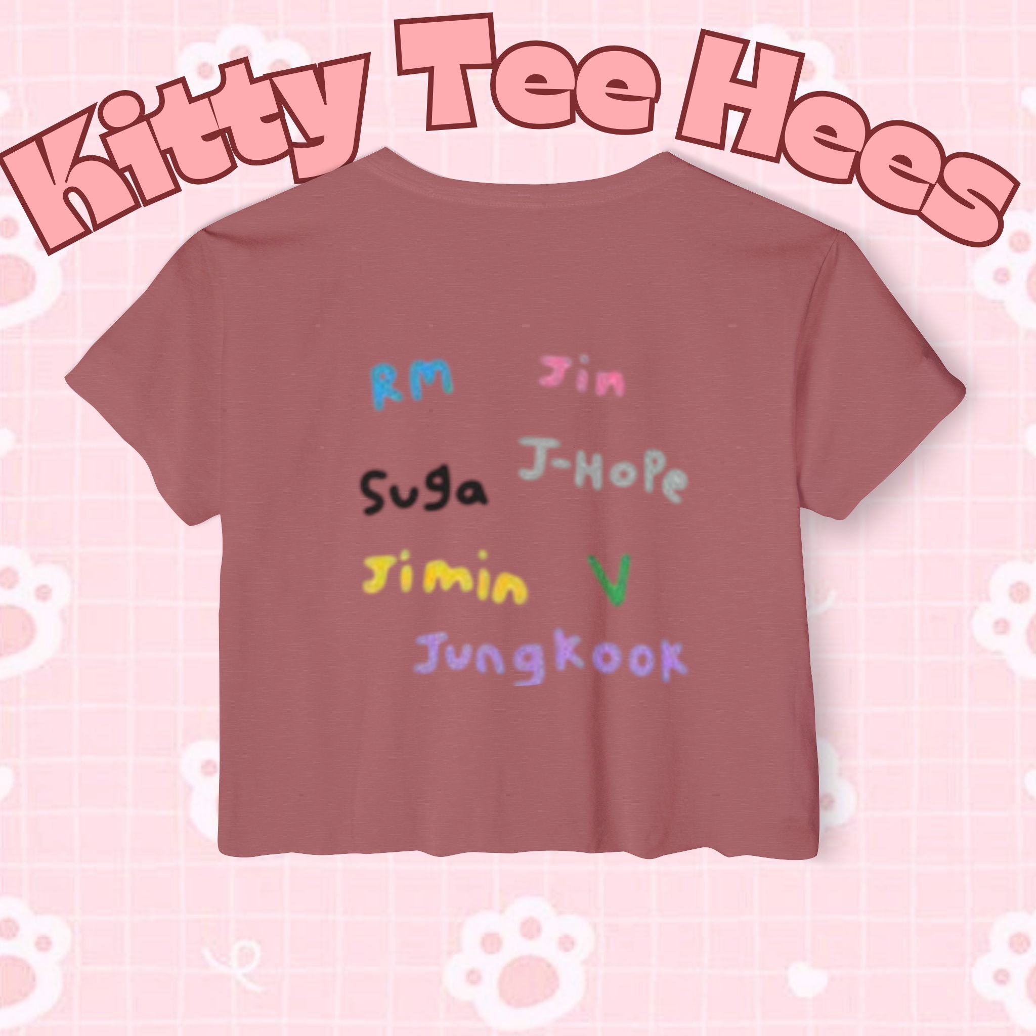 Colorful BTS kidcore crop top T-shirt featuring Bangtan Boys K-Pop group photo, women's festival style, by Printify.