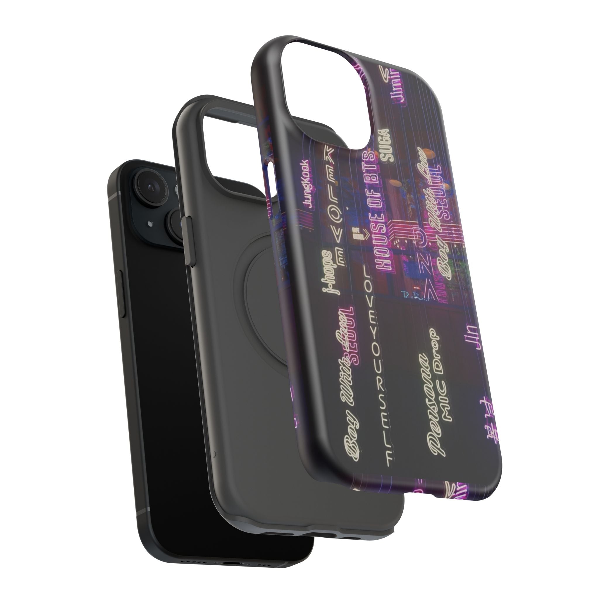 Neon Korean script BTS phone case for iPhone and Samsung, impact-resistant protective case featuring Bangtan Sonyeondan branding.