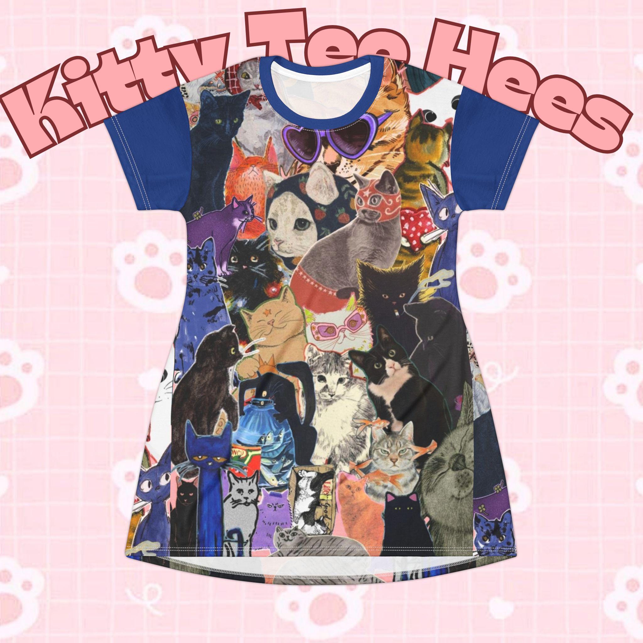 Cat Collage Print T-Shirt Dress, Funny Kitten Tee - Kitty TeeHees