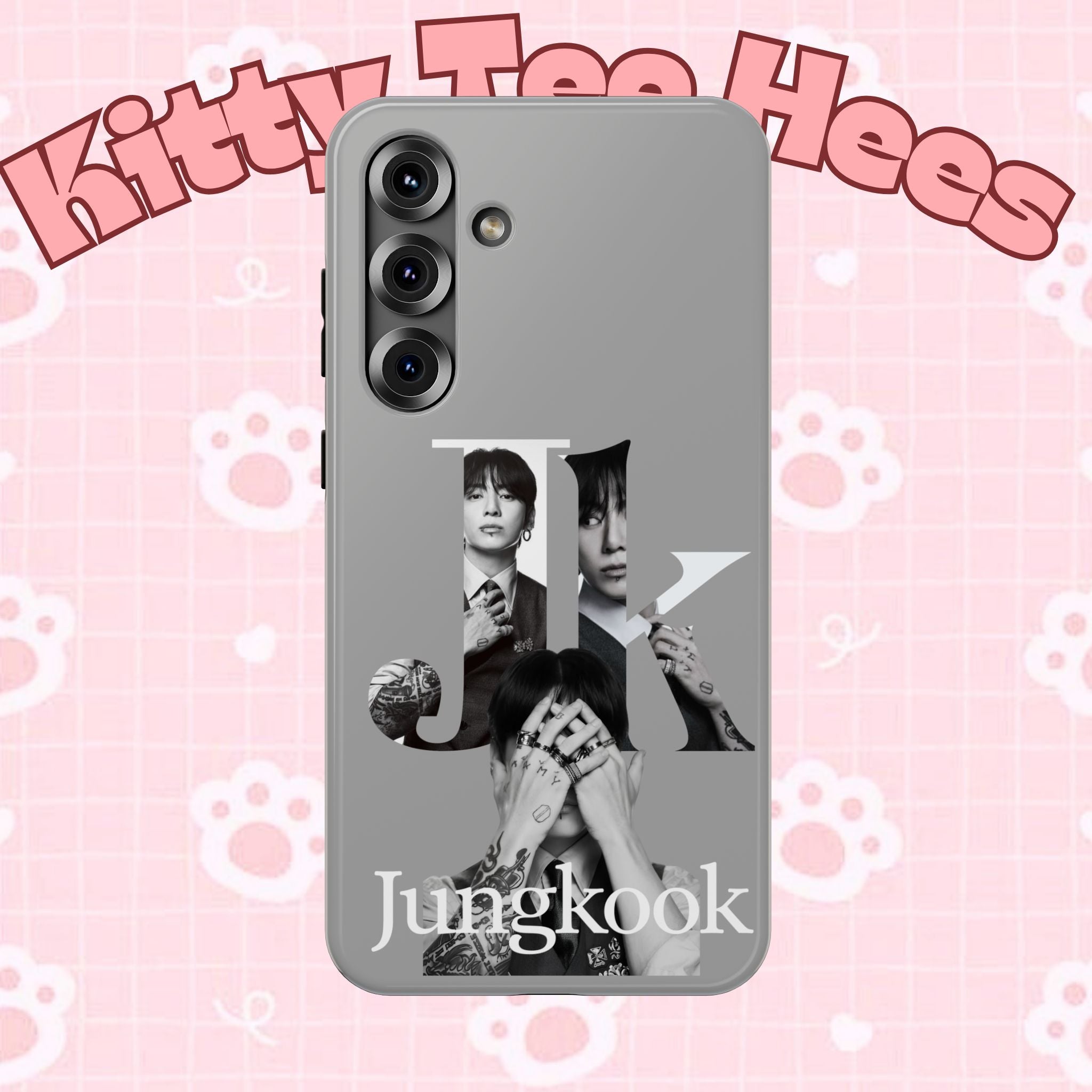 Monochrome BTS Jungkook phone case with letter design, impact-resistant Printify phone case featuring Jungkook from Bangtan Boys.