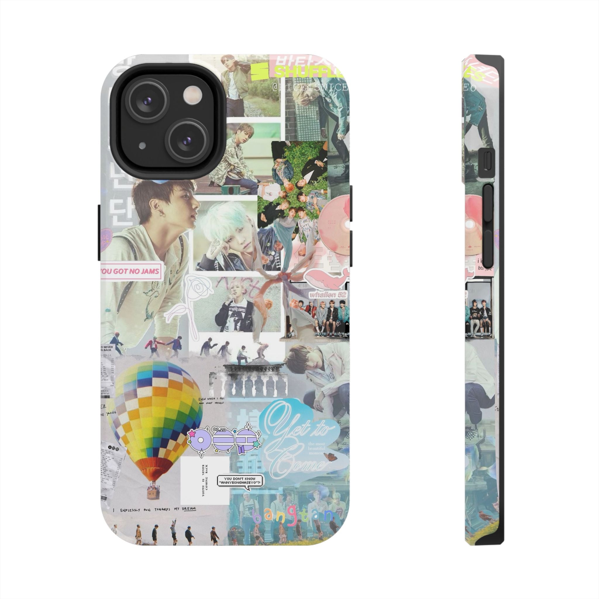 K-Pop BTS collage phone case for iPhone and Samsung with pastel hot air balloon design, featuring vibrant photo collage artwork.
