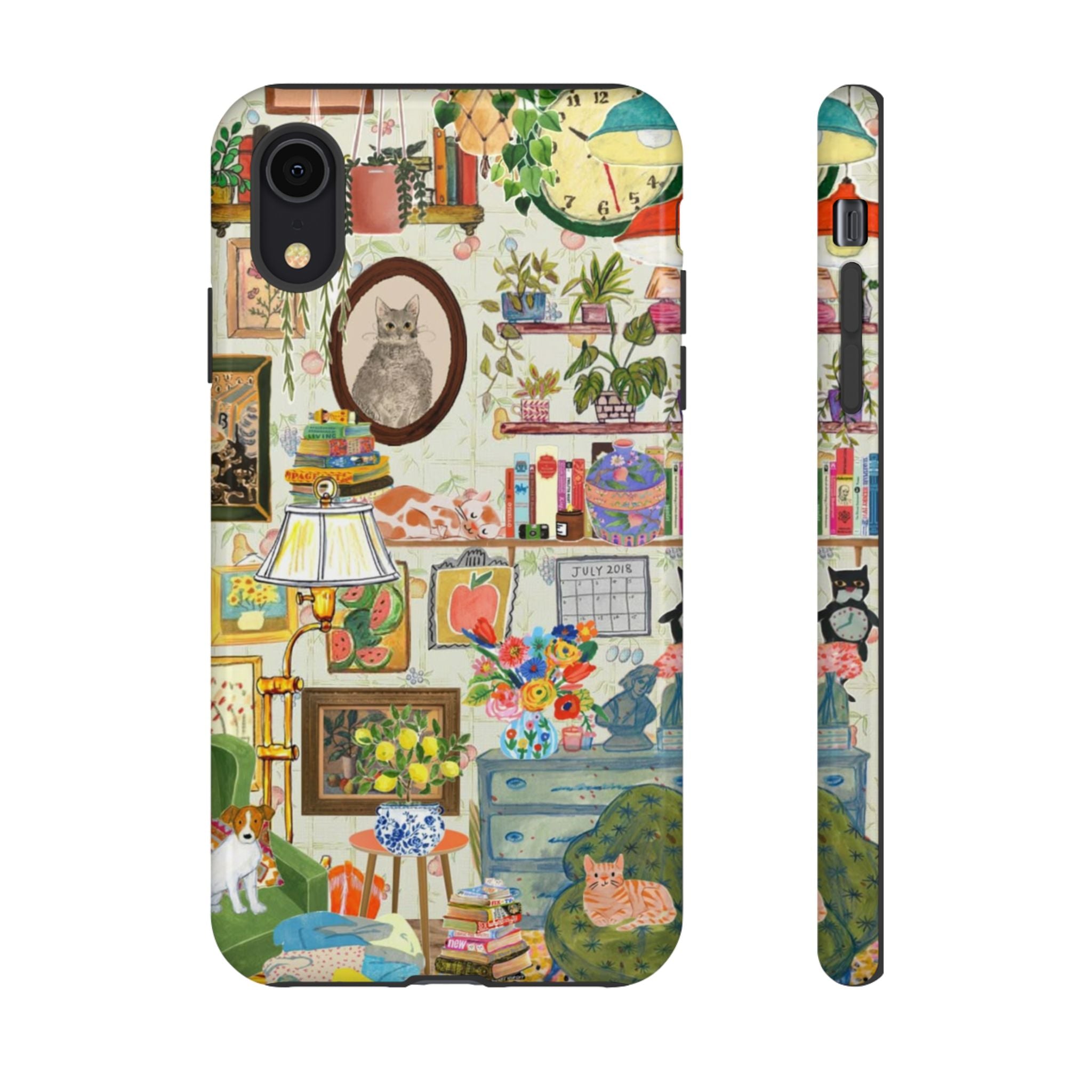 Printify cute cat portrait phone case for iPhone 17, stylish and cozy pet-themed design in a framed living room setting.