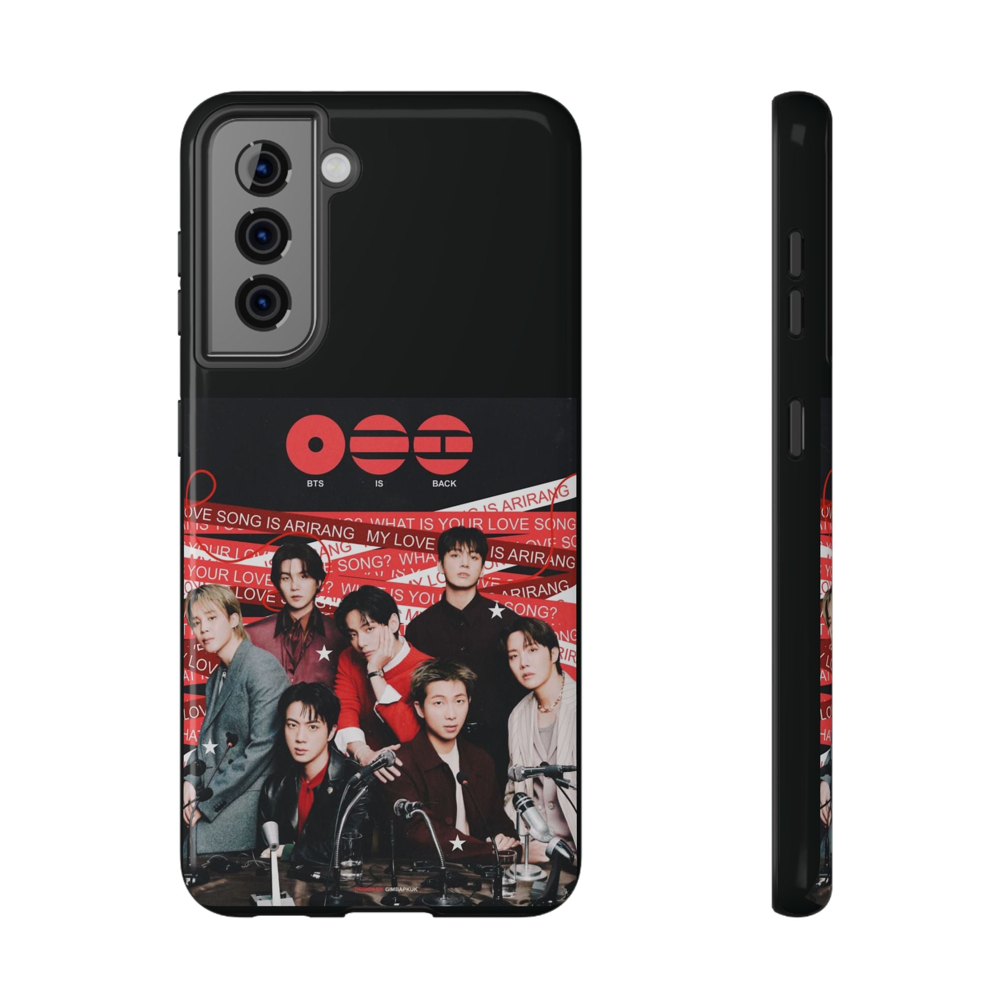 BTS Arirang phone case with Bangtan concert design, impact-resistant Printify K-Pop band photo phone cover on a black background.