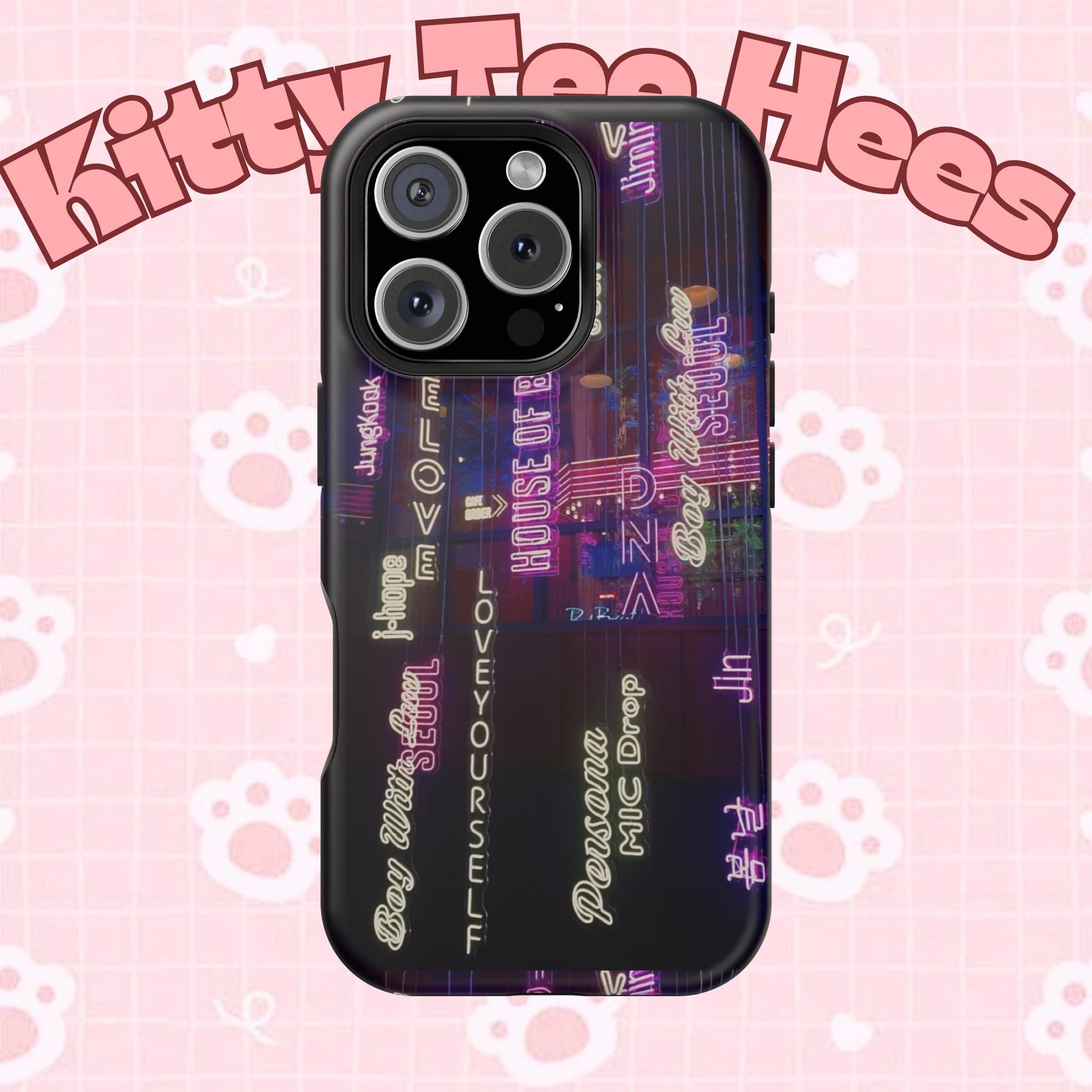 Neon Korean script BTS phone case for iPhone and Samsung, impact-resistant Printify phone case featuring Bangtan Sonyeondan design.