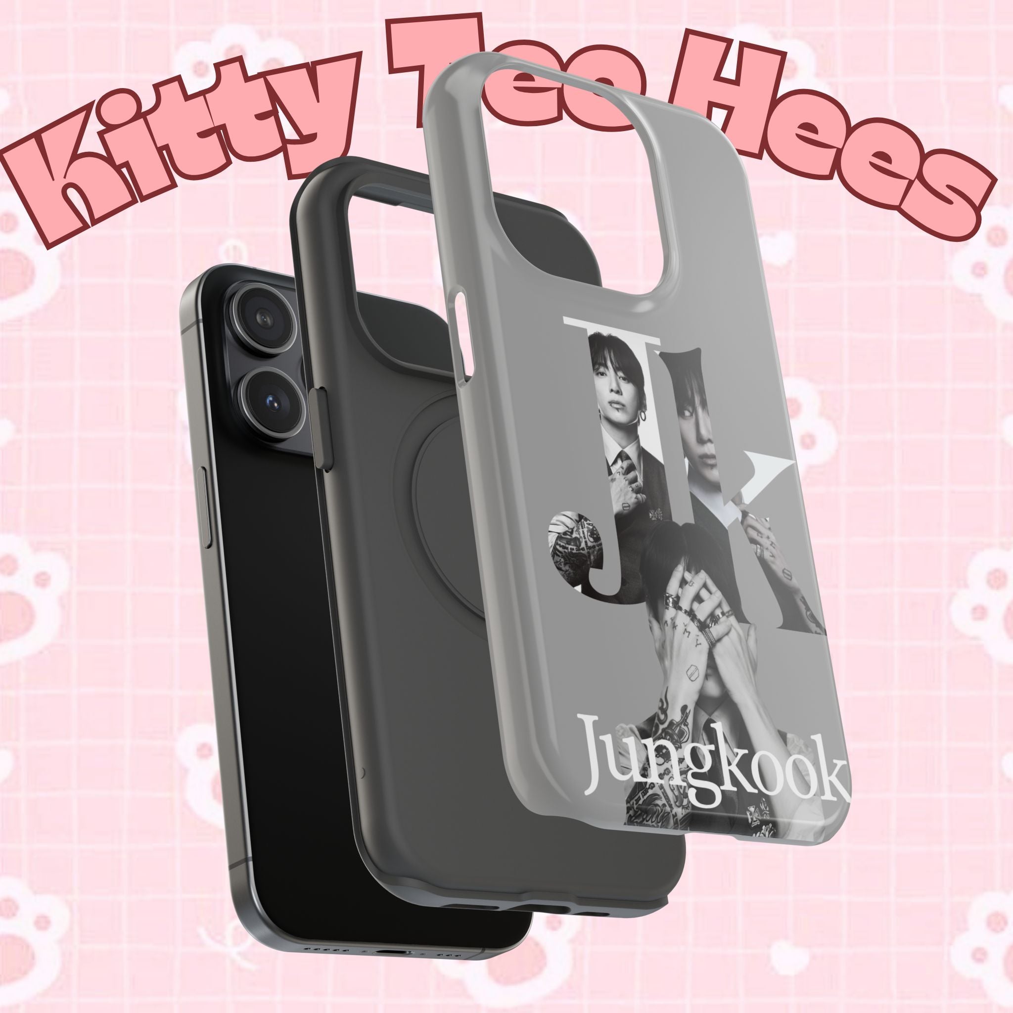 Monochrome BTS Jungkook phone case with letter design, impact-resistant, for a smartphone, by Printify featuring Jungkook's image.