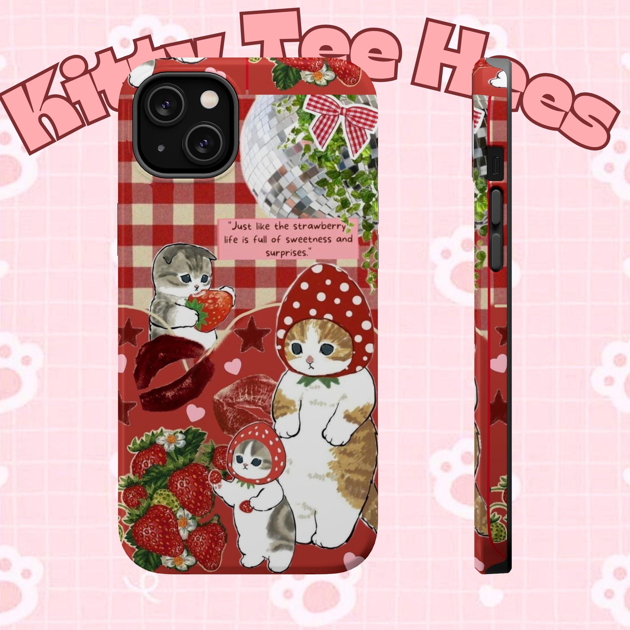 Cute strawberry Cat Magnetic Tough Cases Funny cat phone case, cute iphone 17 case Adorable Phone Case for Cat Lovers - Kitty TeeHees