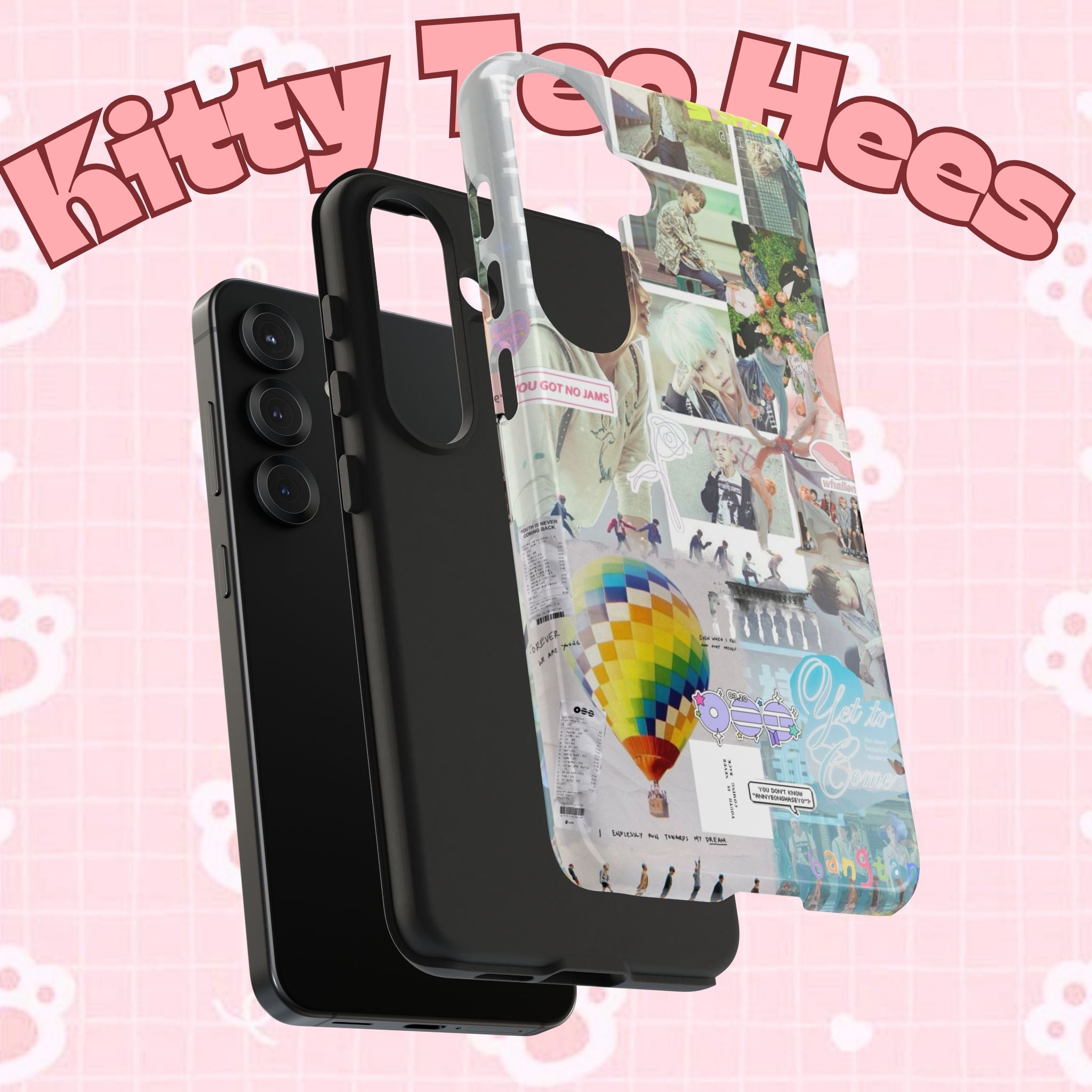 Pastel hot air balloon K-Pop BTS collage phone case for iPhone and Samsung, featuring a colorful, aesthetic design.