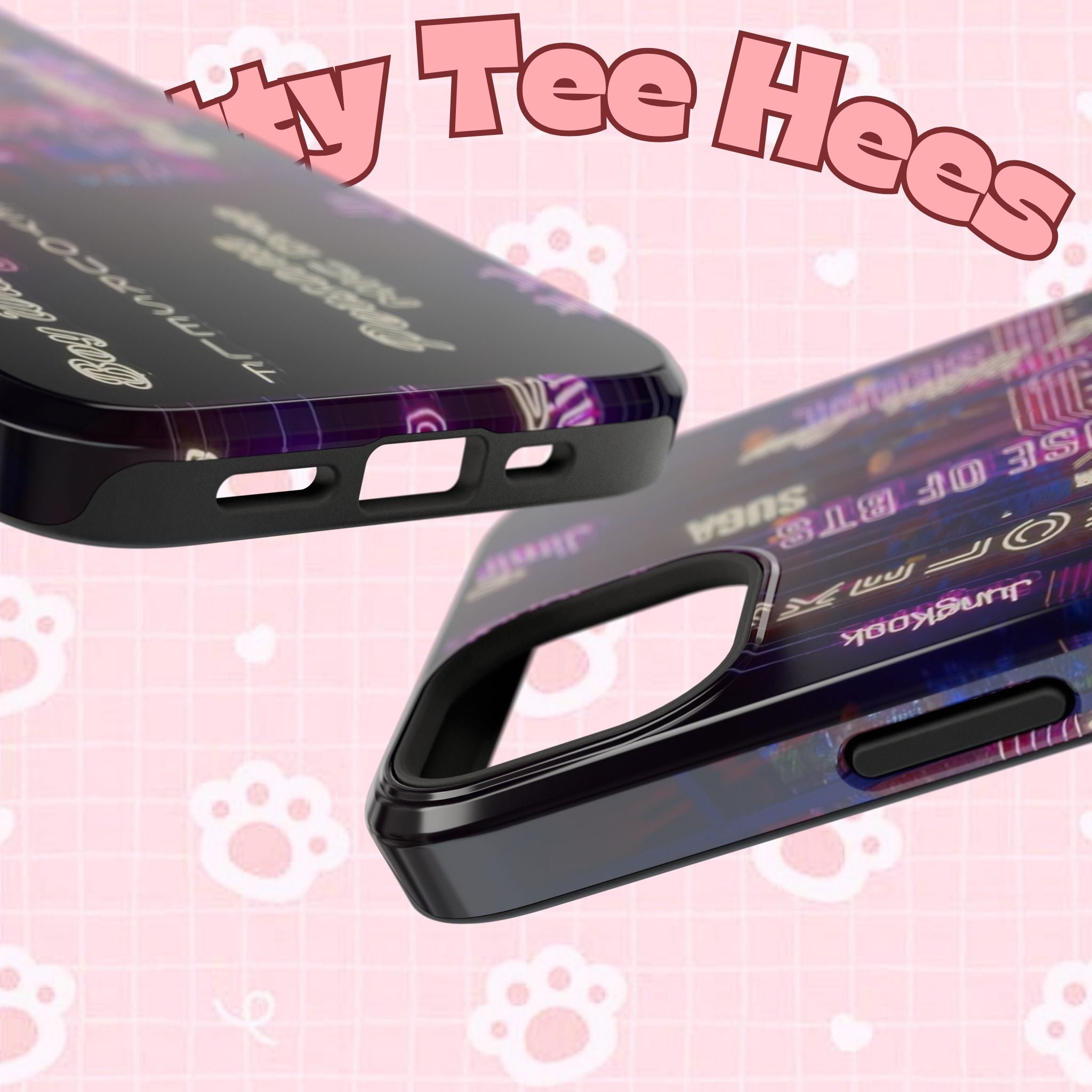 Neon Korean script BTS phone case for iPhone and Samsung, impact-resistant design with vibrant neon text and BTS branding.