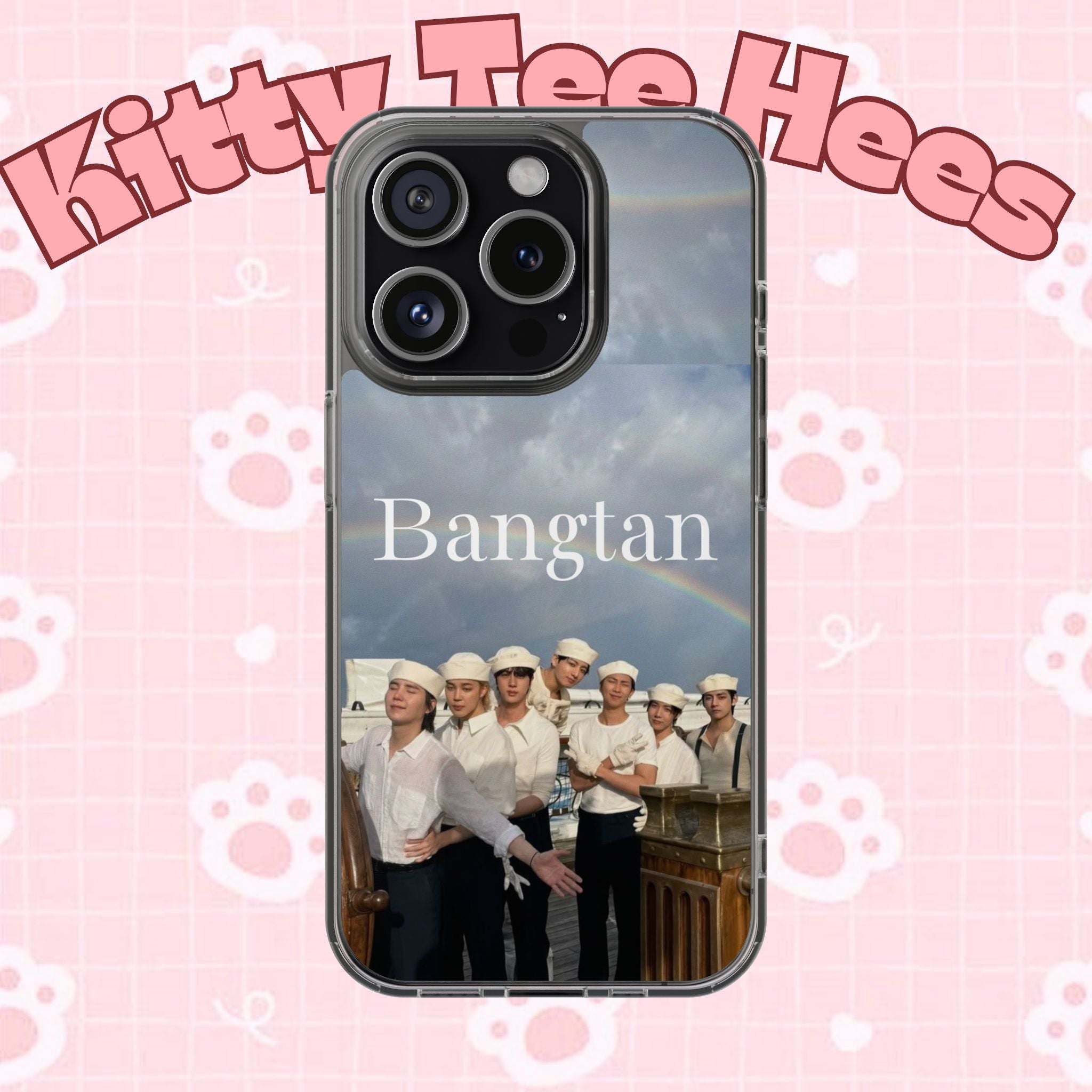 Clear impact-resistant phone case featuring cute Bangtan Boys K-pop design for smartphones.