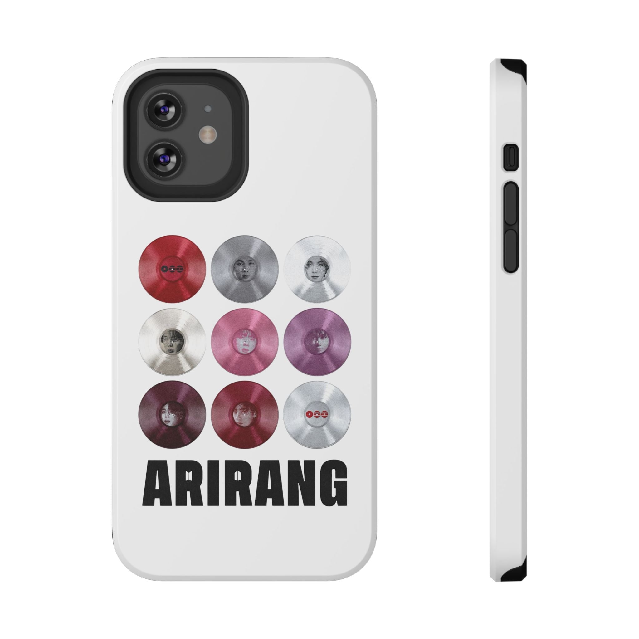 Impact-resistant Printify BTS Arirang vinyl record grid phone case featuring Bangtan Sonyeondan fan merch design.
