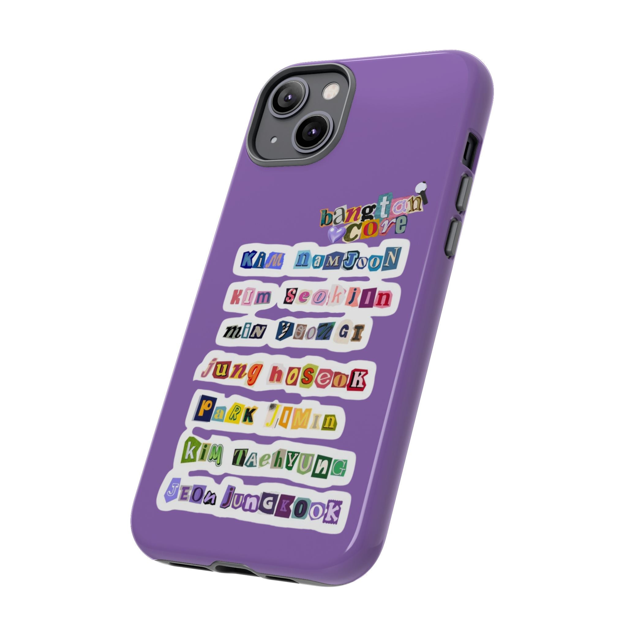 BTS member names phone case with Jungkook, Jimin, Rap Monster for iPhone 17, featuring tough protective design by Printify