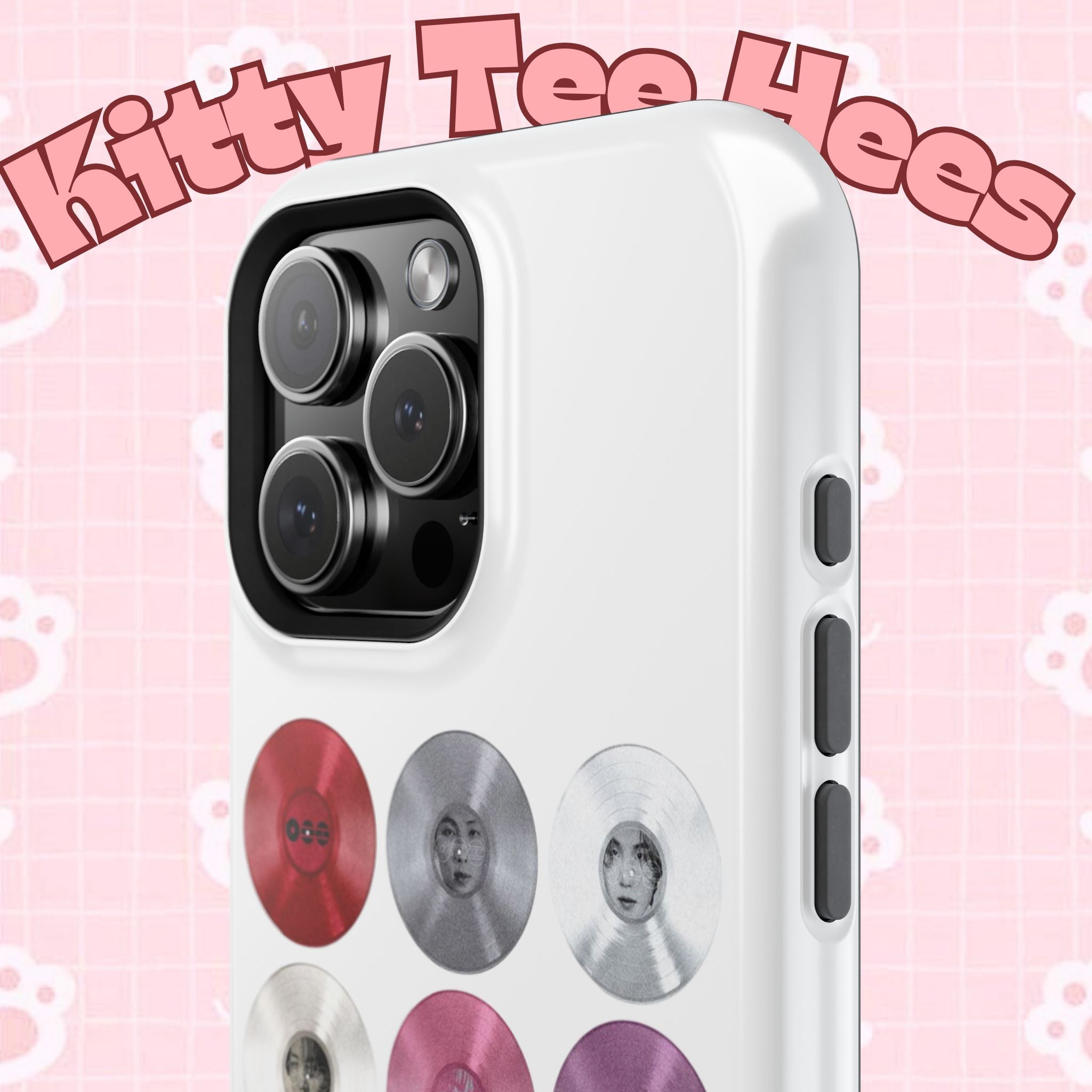 Impact-resistant phone case with BTS Arirang vinyl record grid design, featuring BTS Arirang fan merchandise branding.