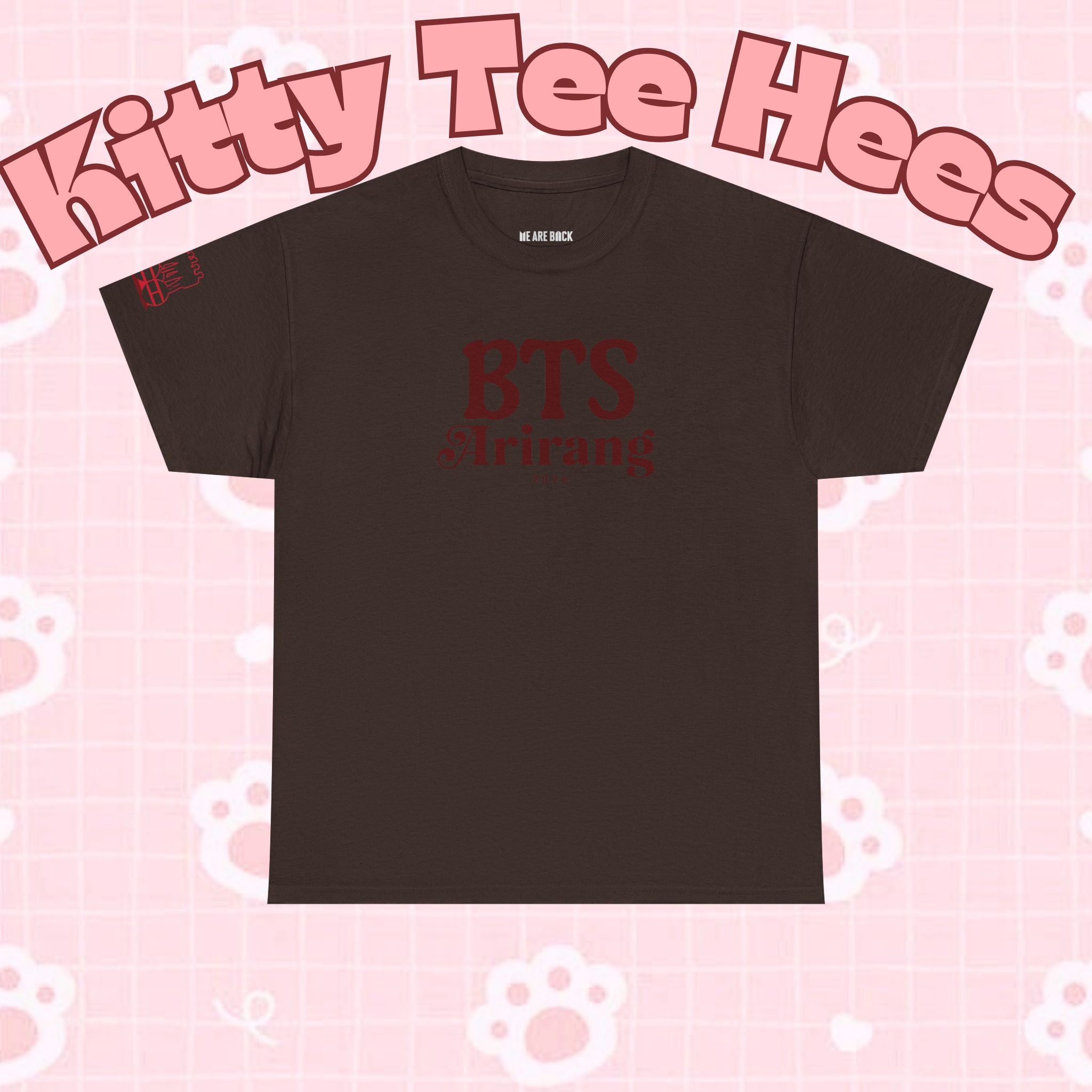 BTS Arirang T-Shirt featuring Hangul text, casual BTS world tour concert tee, white cotton shirt with BTS logo print.
