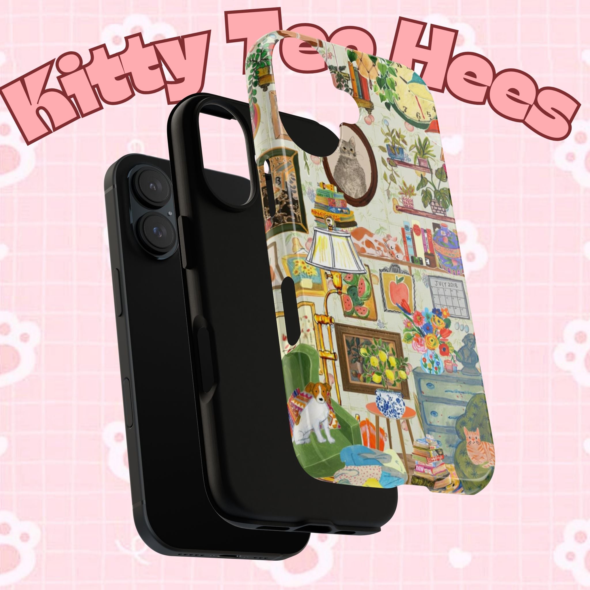 Cute cat portrait phone case for iPhone 17 by Printify, featuring a cozy living room pet design on a stylish protective cover.
