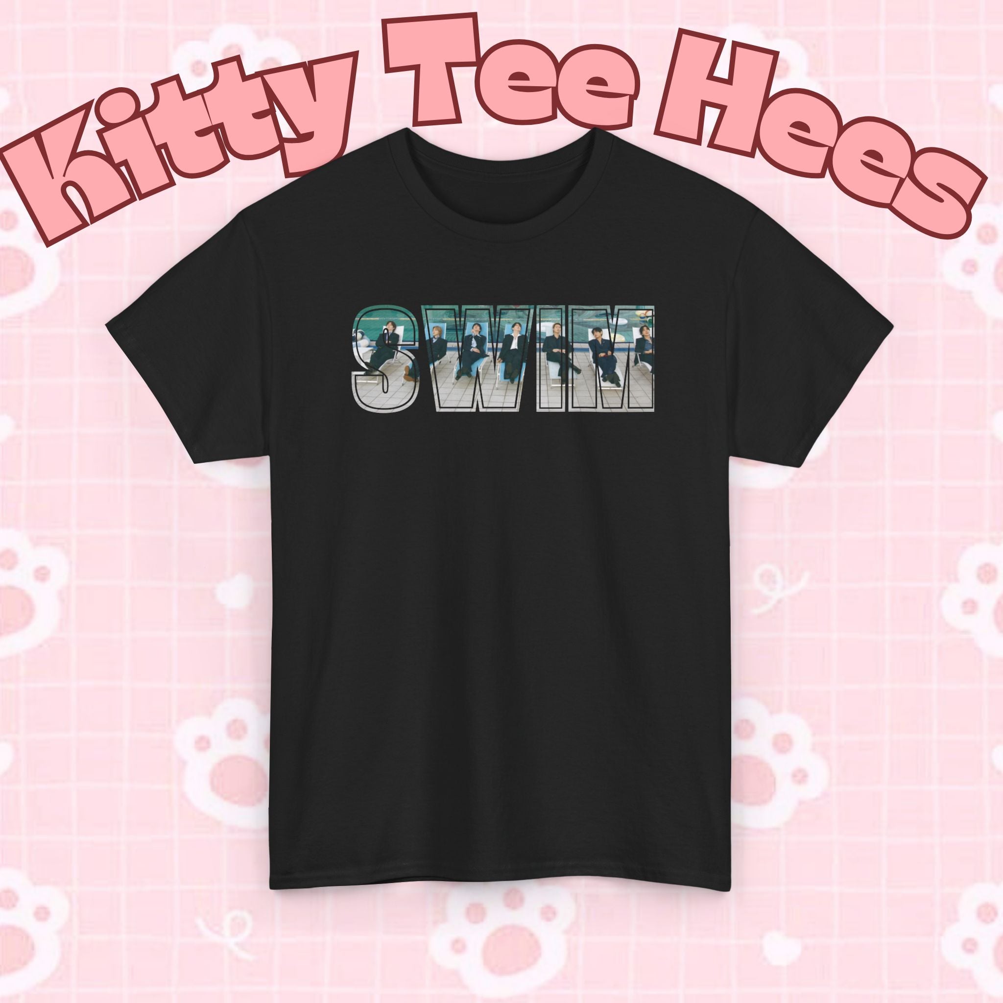 Printify BTS swim graphic T-shirt featuring a pool scene and "I could spend a lifetime watching you swim" slogan, casual concert tee.