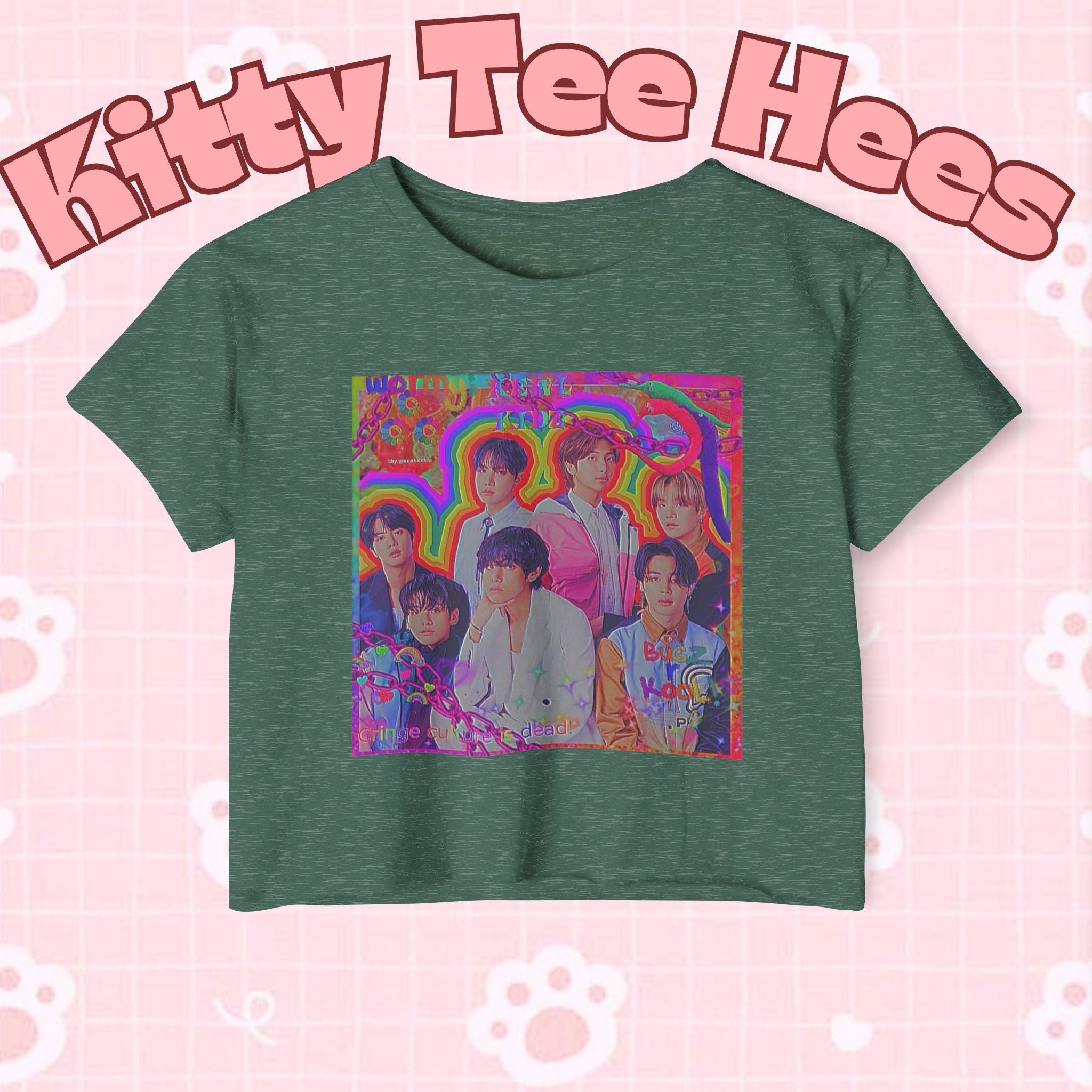 Colorful BTS kidcore T-shirt featuring Bangtan Boys K-Pop group photo, women's festival crop top by Printify.