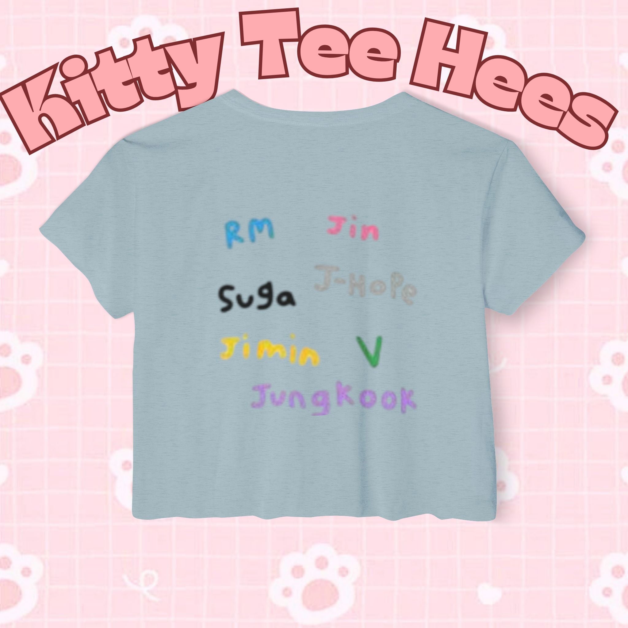 Colorful BTS kidcore T-shirt featuring Bangtan Boys K-Pop group photo, women's festival crop top by Printify.