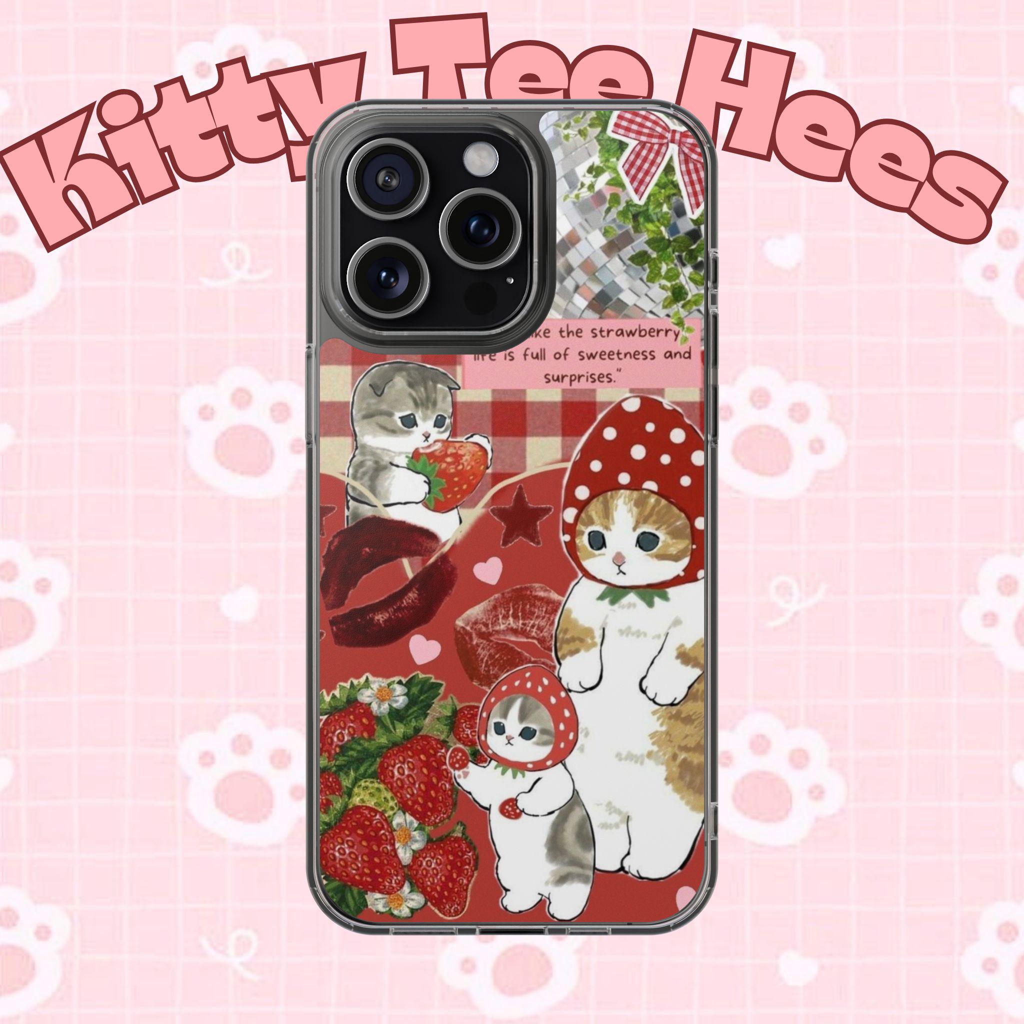 Strawberry cat Phone Case, Custom Aesthetic Collage Cat Floral Ghost Witchy Celestial Pixel Vintage Nature Phone Case Gift - Kitty TeeHees