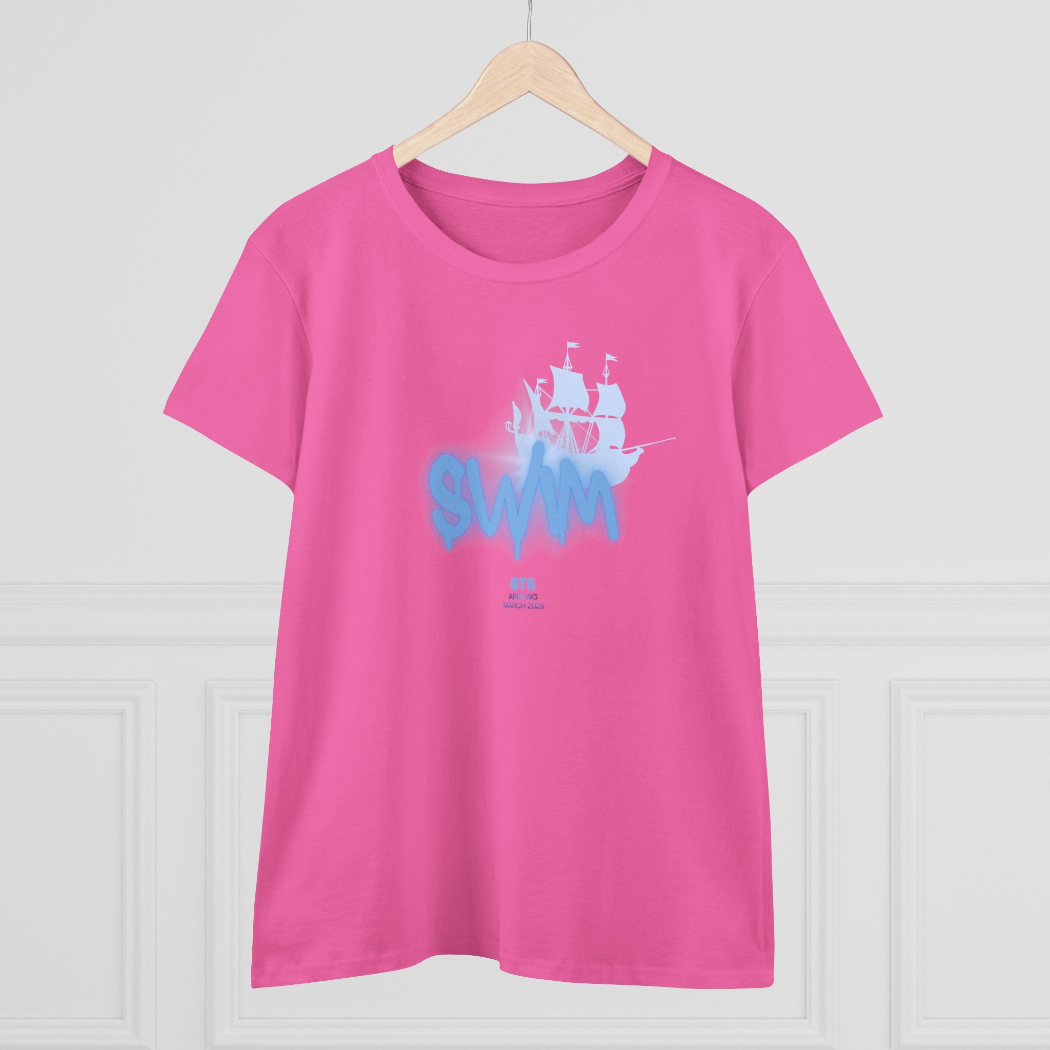 Women's BTS Sailboat Script Logo T-shirt featuring Bangtan World Tour design, cotton fabric, perfect for BTS concert fans.
