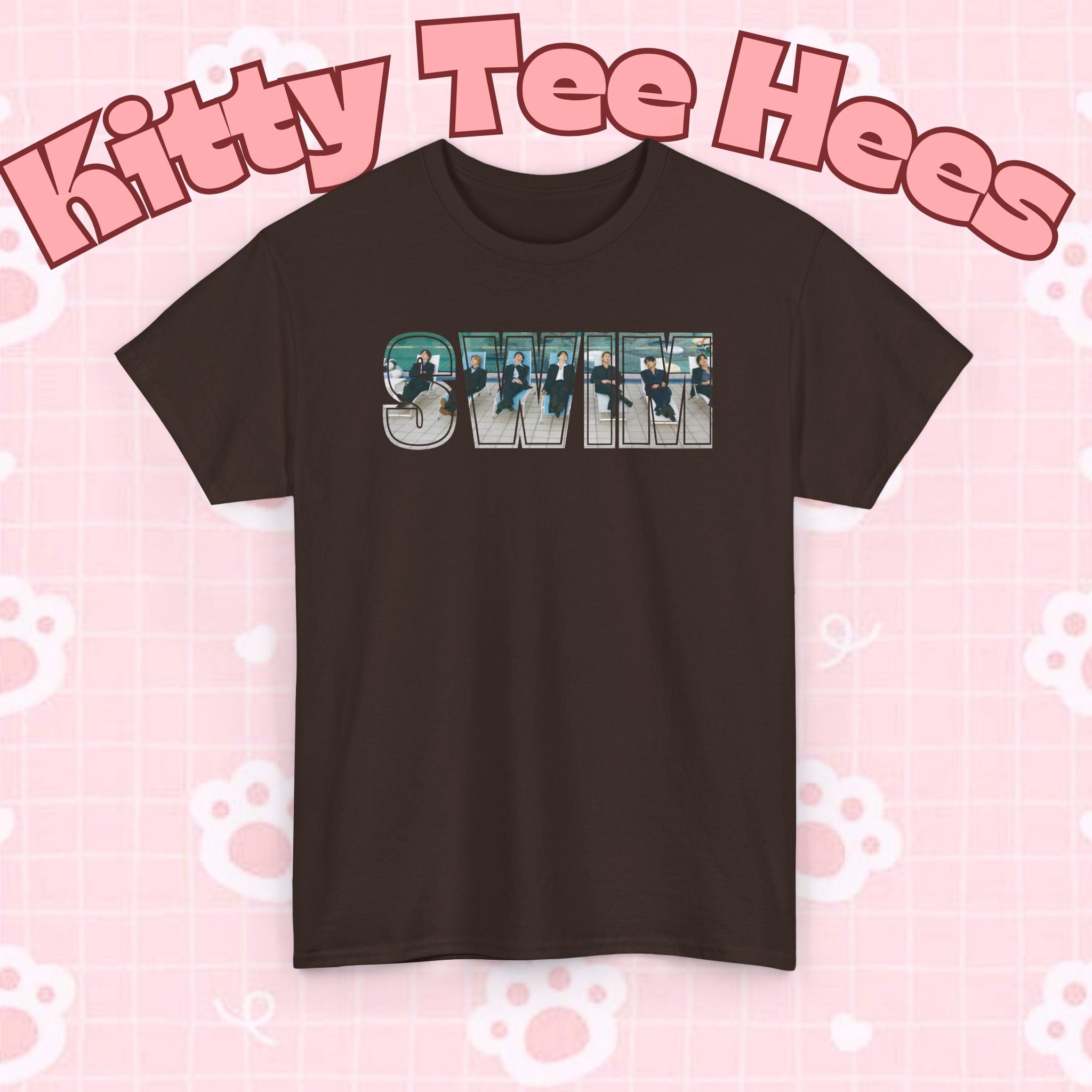 Arirang BTS Swim graphic T-shirt featuring Bangtan band logo and pool scene on the back, casual BTS concert tee shirt by Printify.