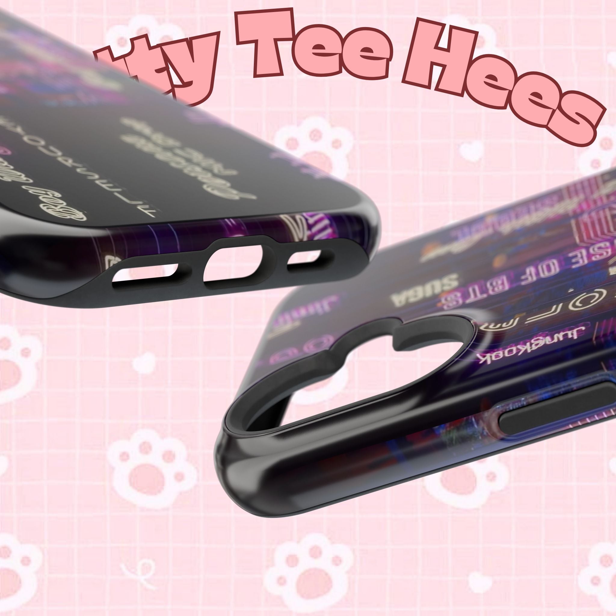 Neon Korean Script BTS phone case for iPhone and Samsung, impact-resistant design, featuring vibrant neon lettering.