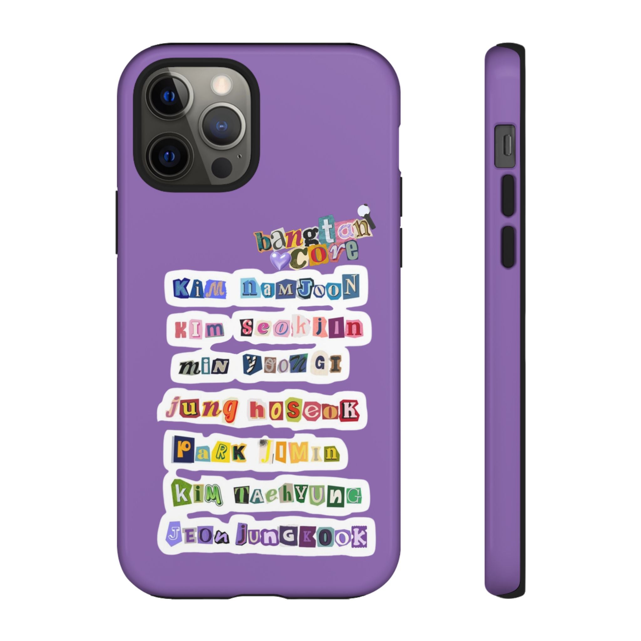 Custom BTS member names phone case for iPhone 17 featuring Jungkook, Jimin, and Rap Monster by Printify.
