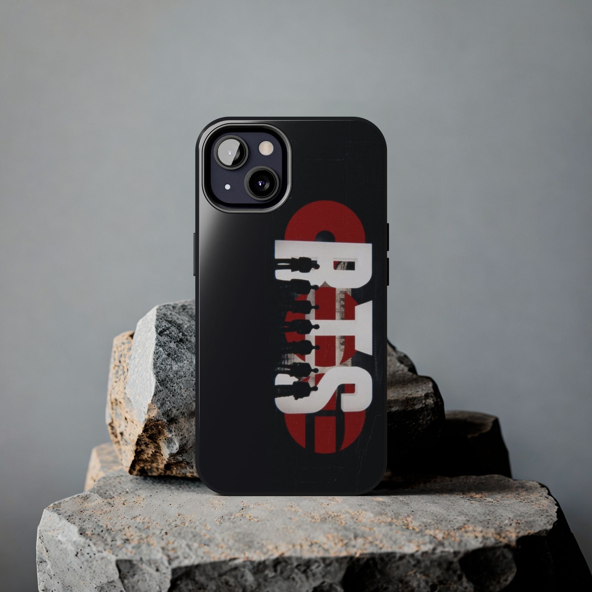 Printify BTS Arirang phone case for iPhone featuring silhouettes and album artwork, offering tough, protective coverage for Samsung and Apple phones.