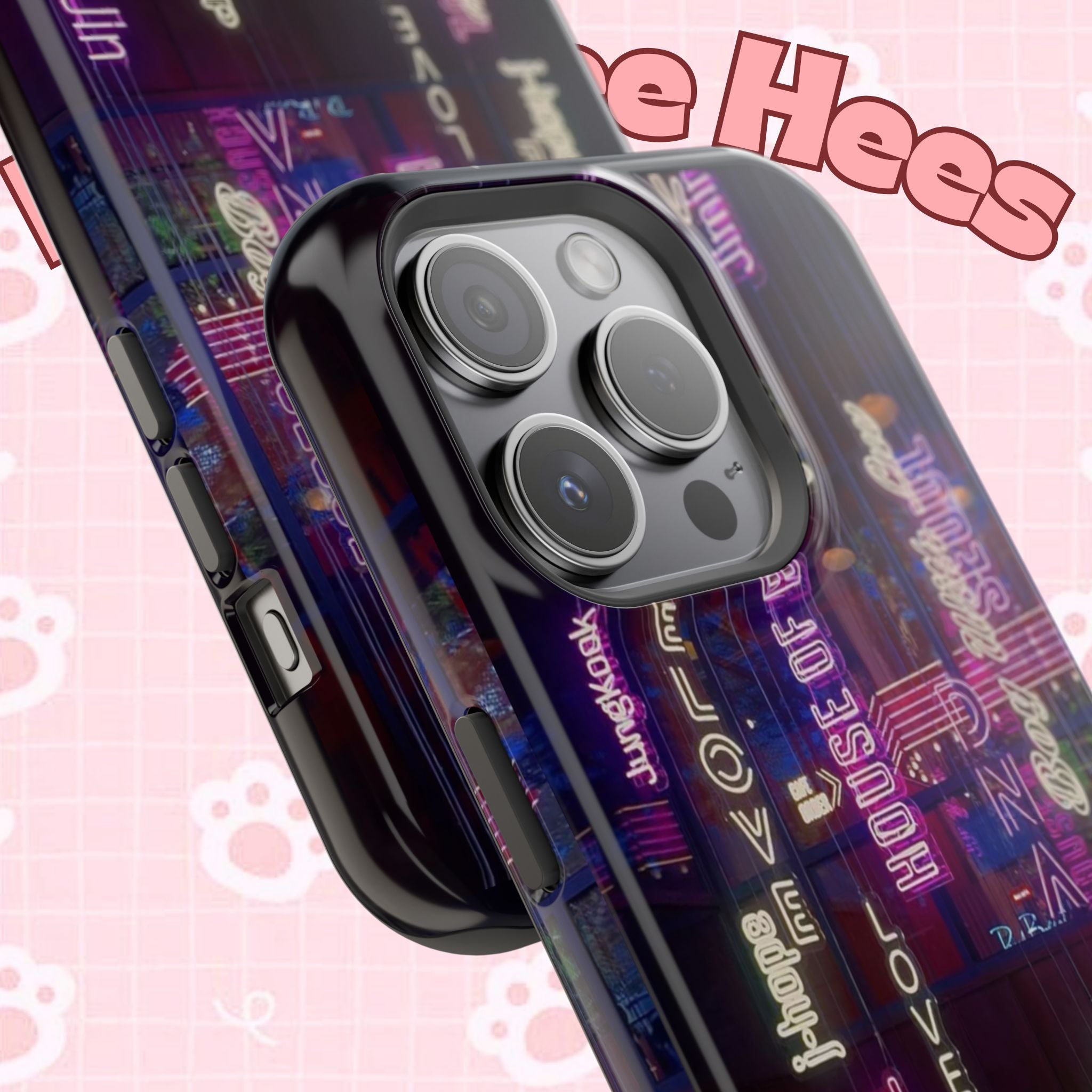 Neon Korean script BTS phone case for iPhone and Samsung, impact-resistant, featuring Bangtan Sonyeondan branding and vibrant design.