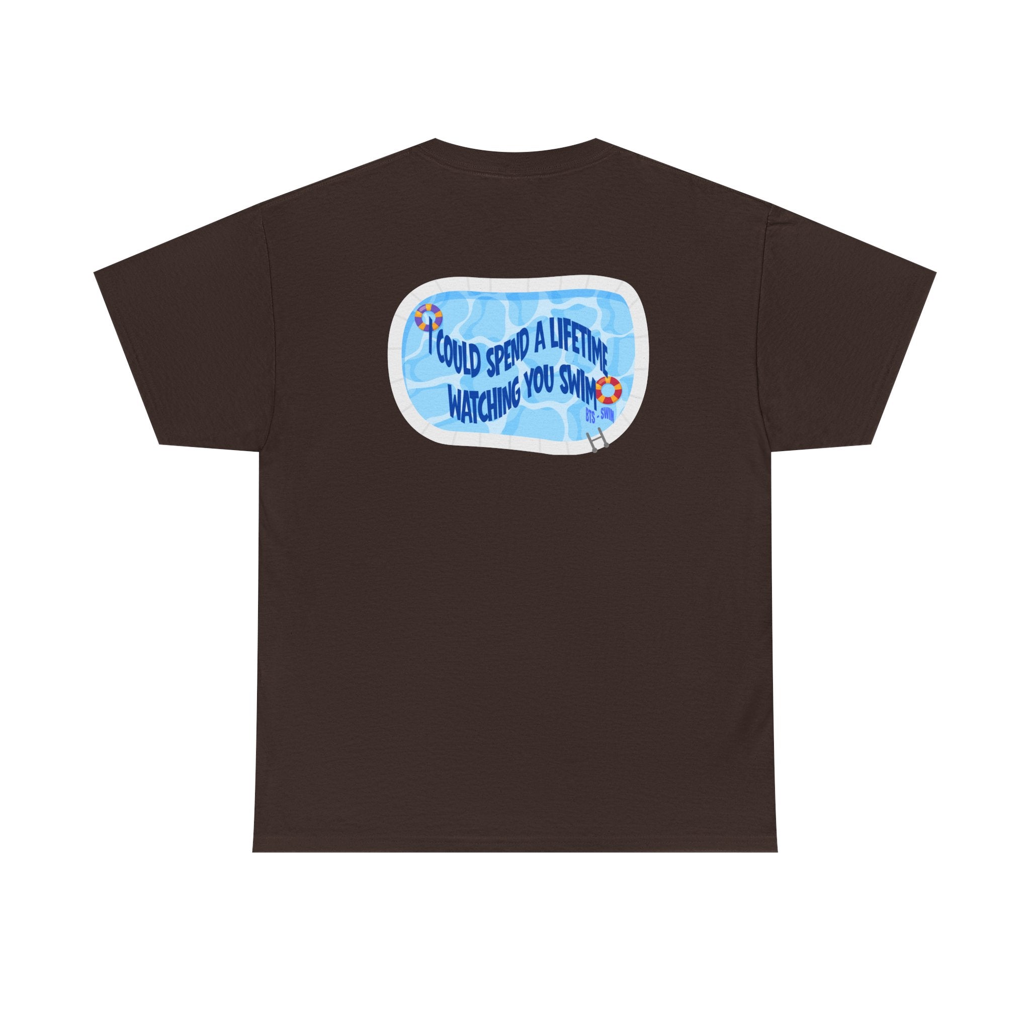 Printify BTS swim graphic T-shirt featuring a pool scene and "I could spend a lifetime watching you swim" text on the back.